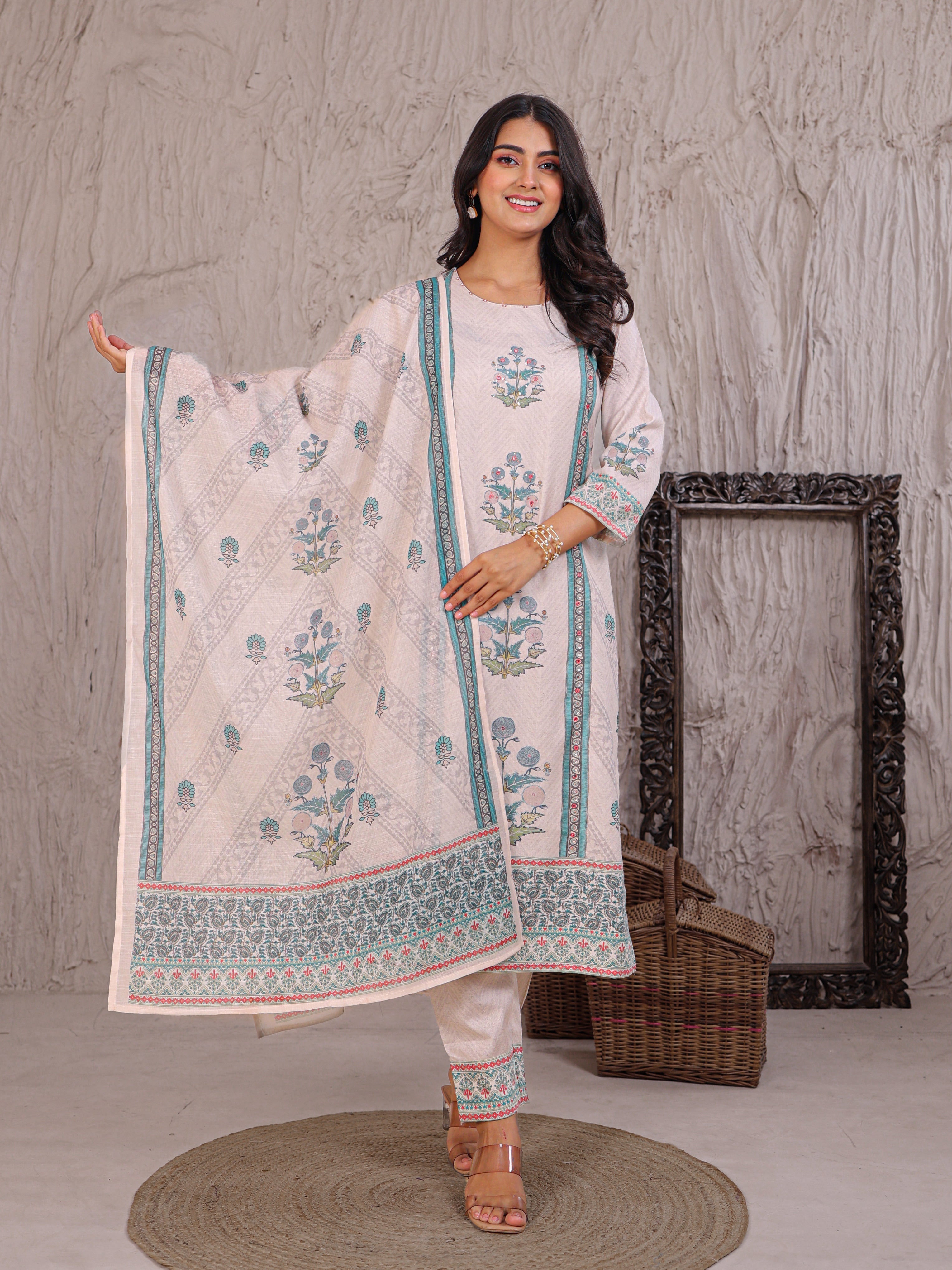 Printed Cotton Kurta Set Stitched with Sequins and Thread work