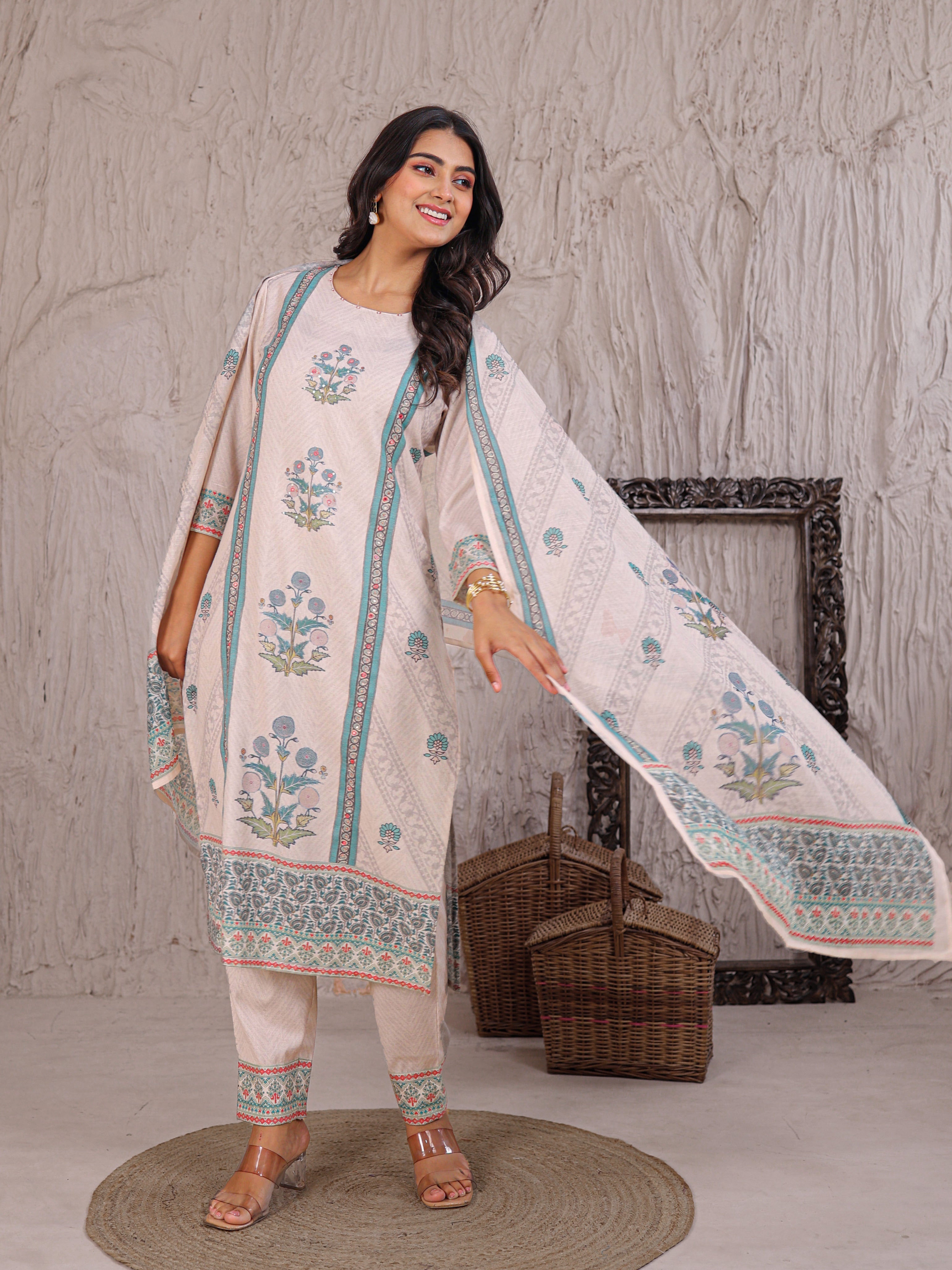 Printed Cotton Kurta Set Stitched with Sequins and Thread work