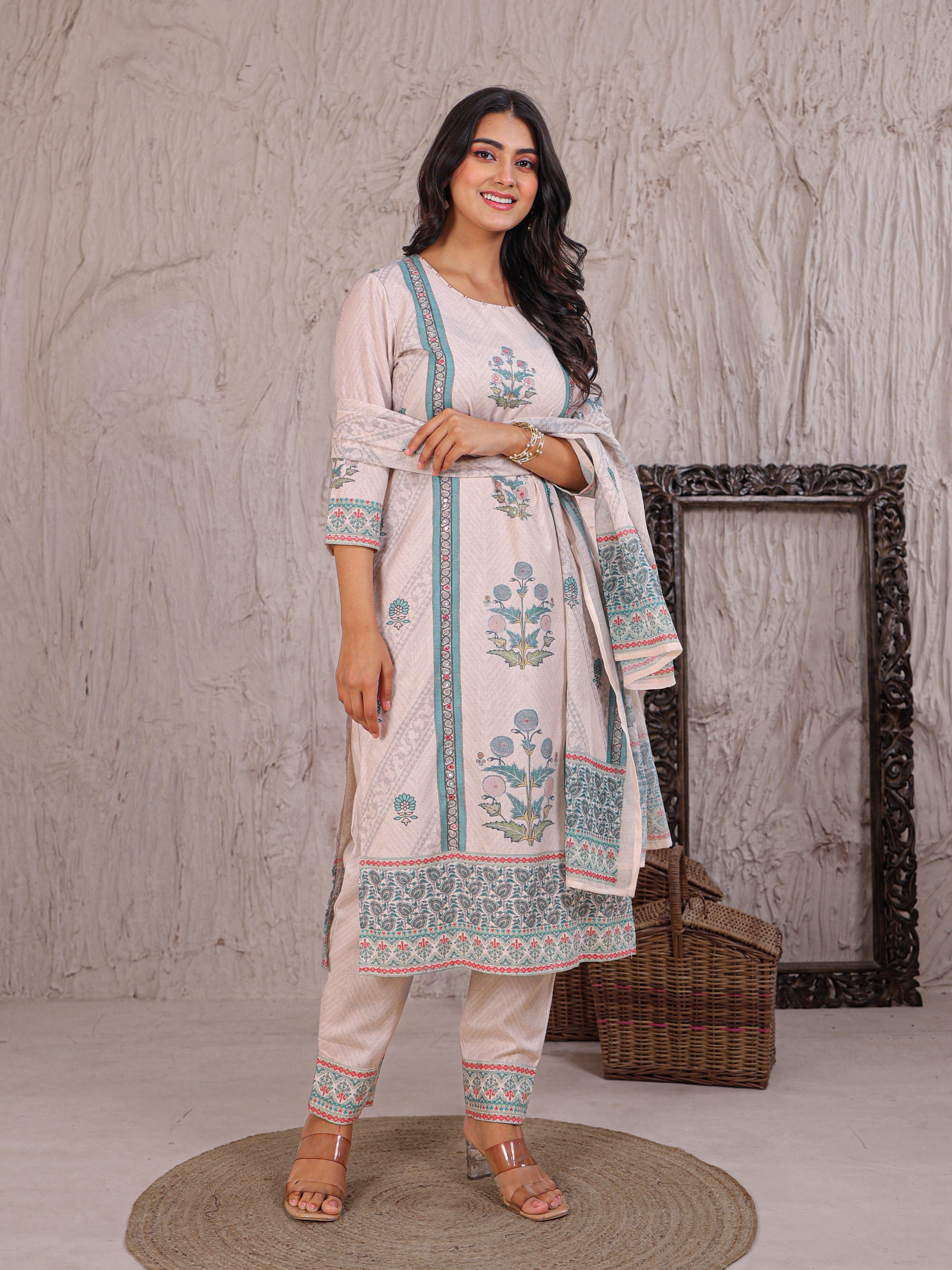 Printed Cotton Kurta Set Stitched with Sequins and Thread work