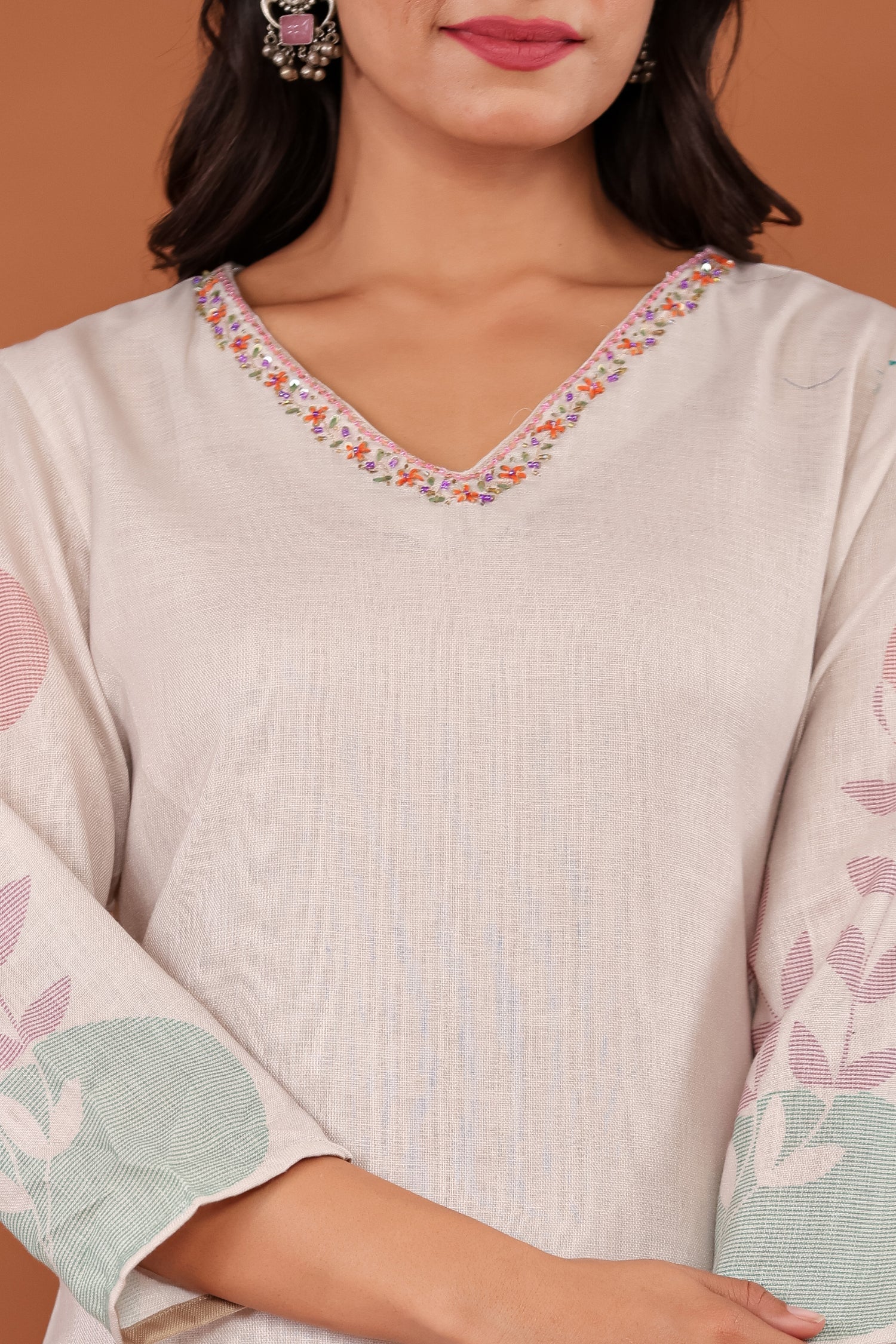 Printed Linen Kurta Set Stitched with Sequins and Thread work