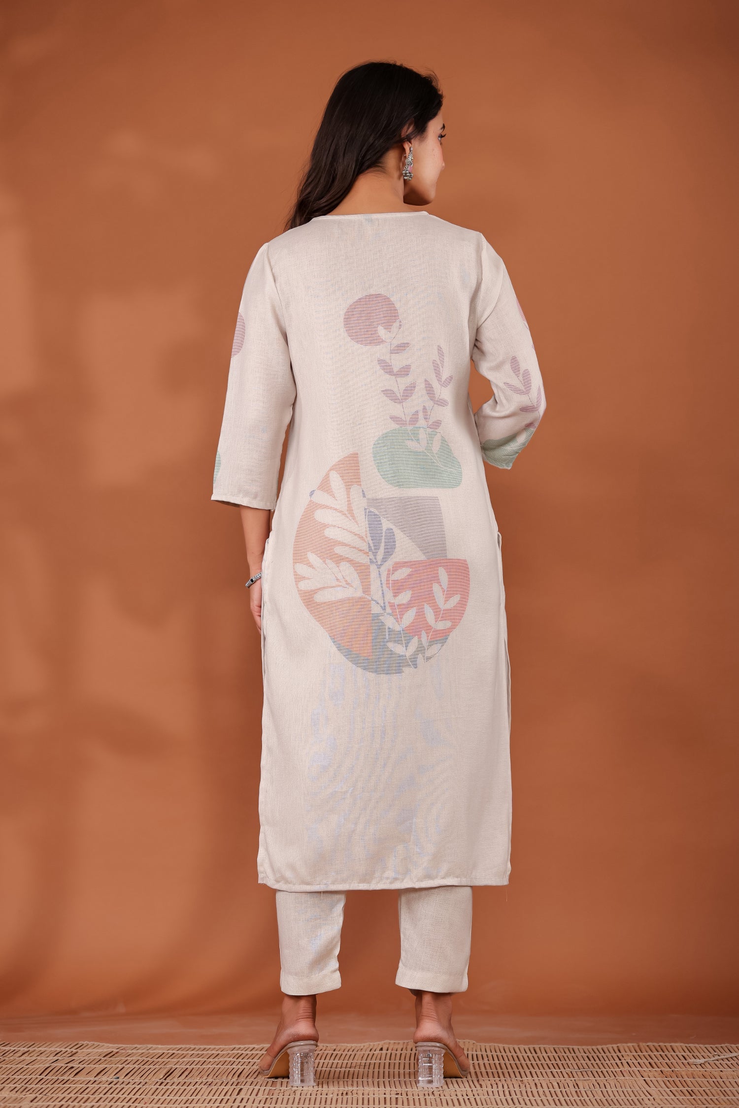 Printed Linen Kurta Set Stitched with Sequins and Thread work