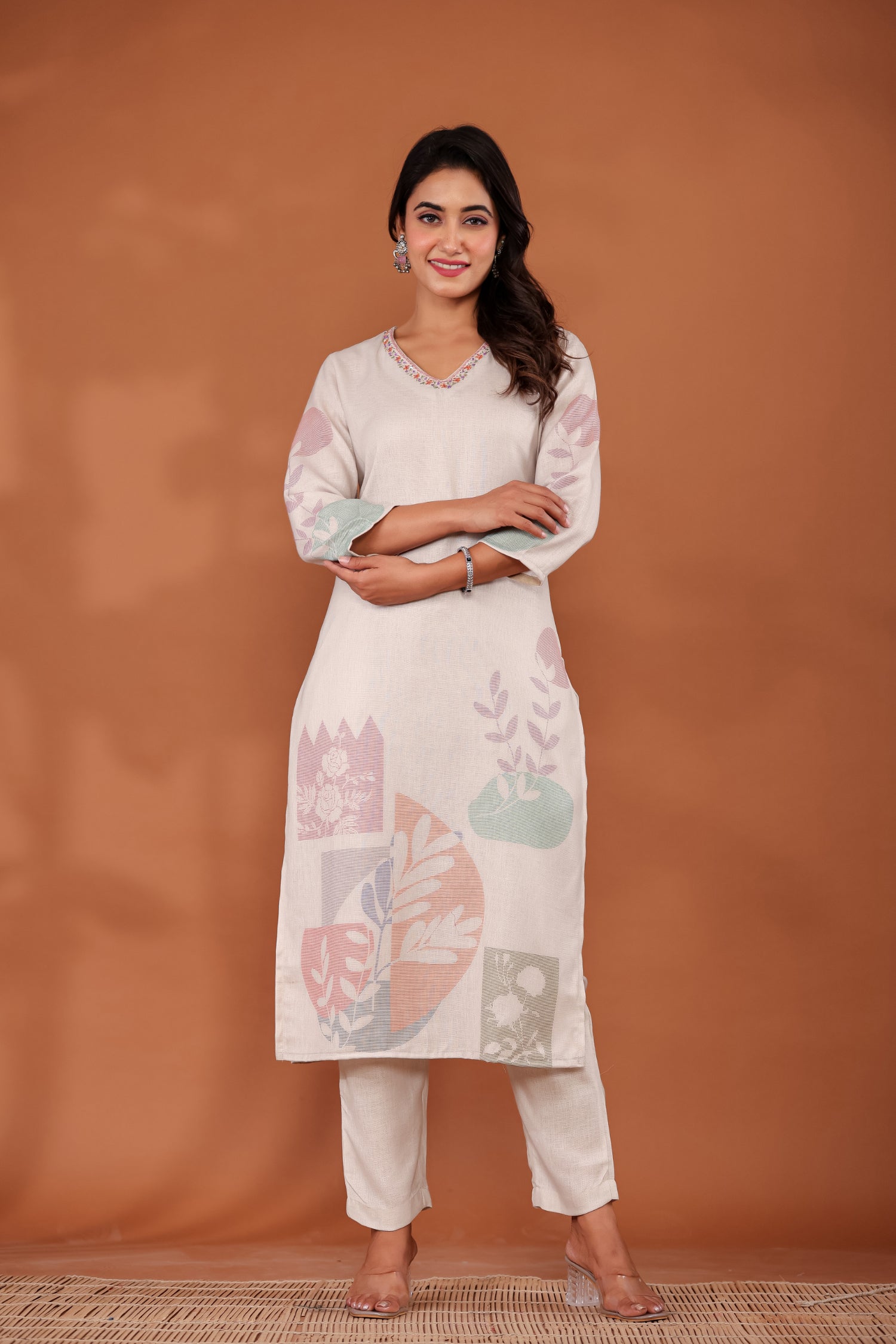 Printed Linen Kurta Set Stitched with Sequins and Thread work