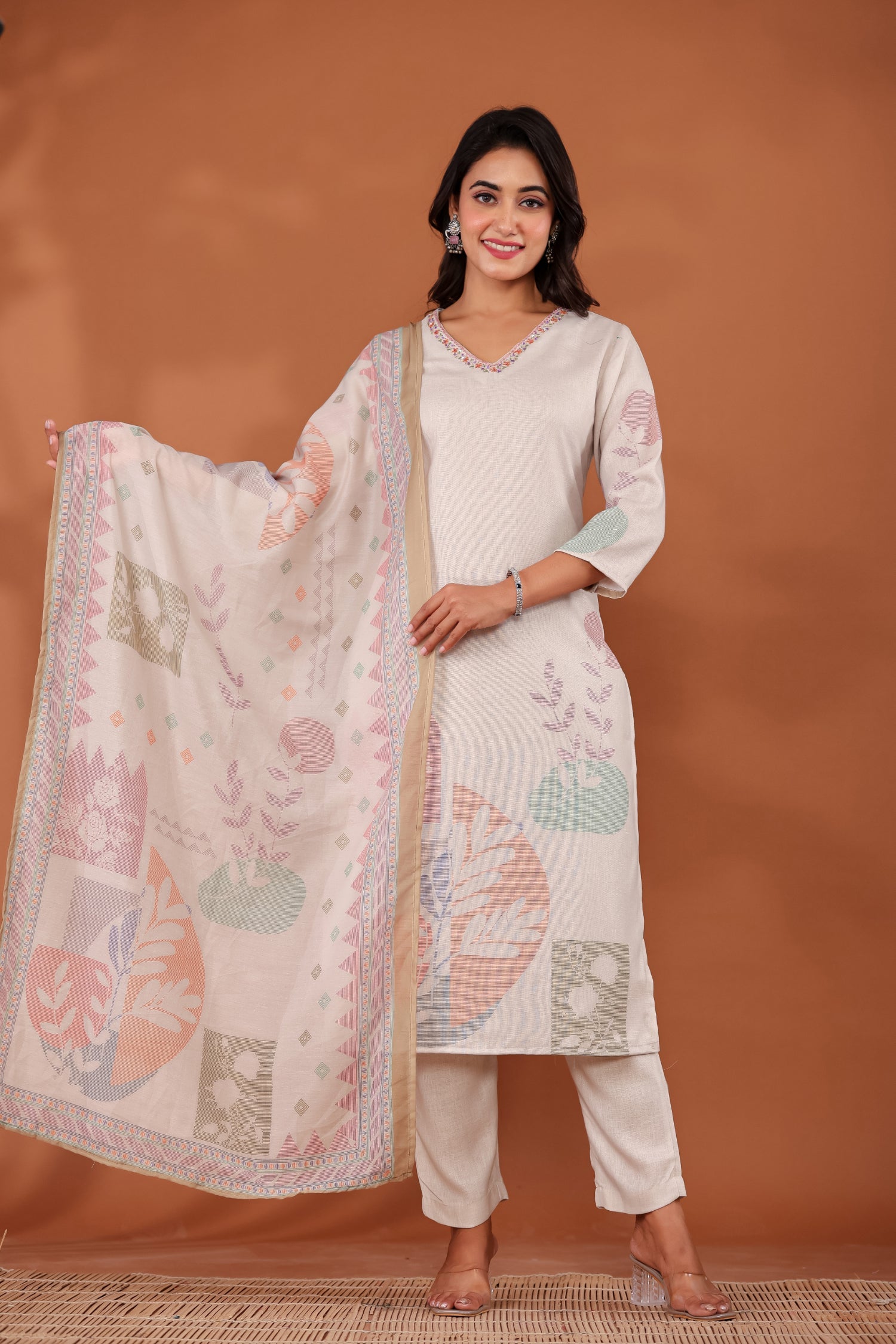 Printed Linen Kurta Set Stitched with Sequins and Thread work