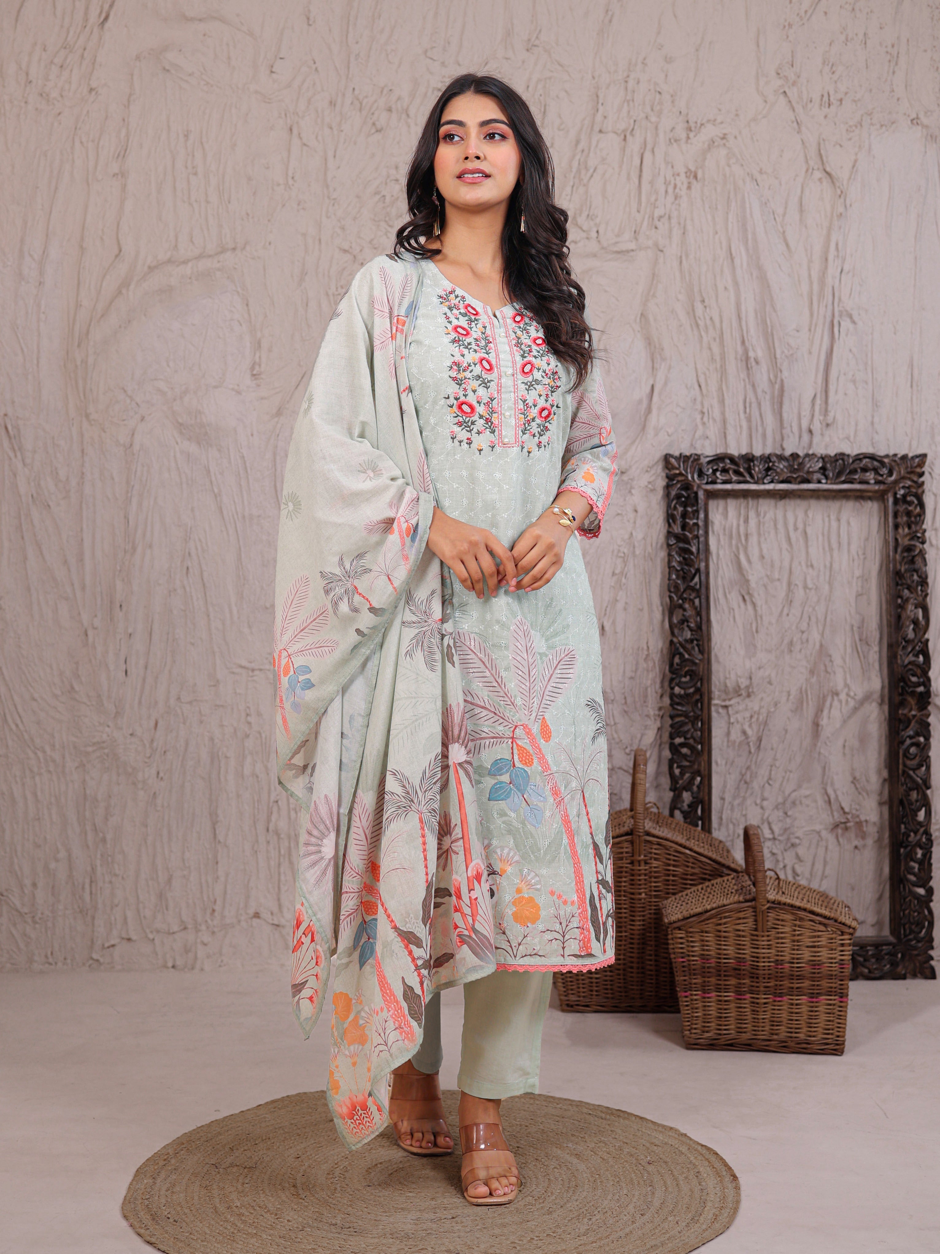 Cotton Schiffli Kurta Set Stitched with Pearl and Thread work