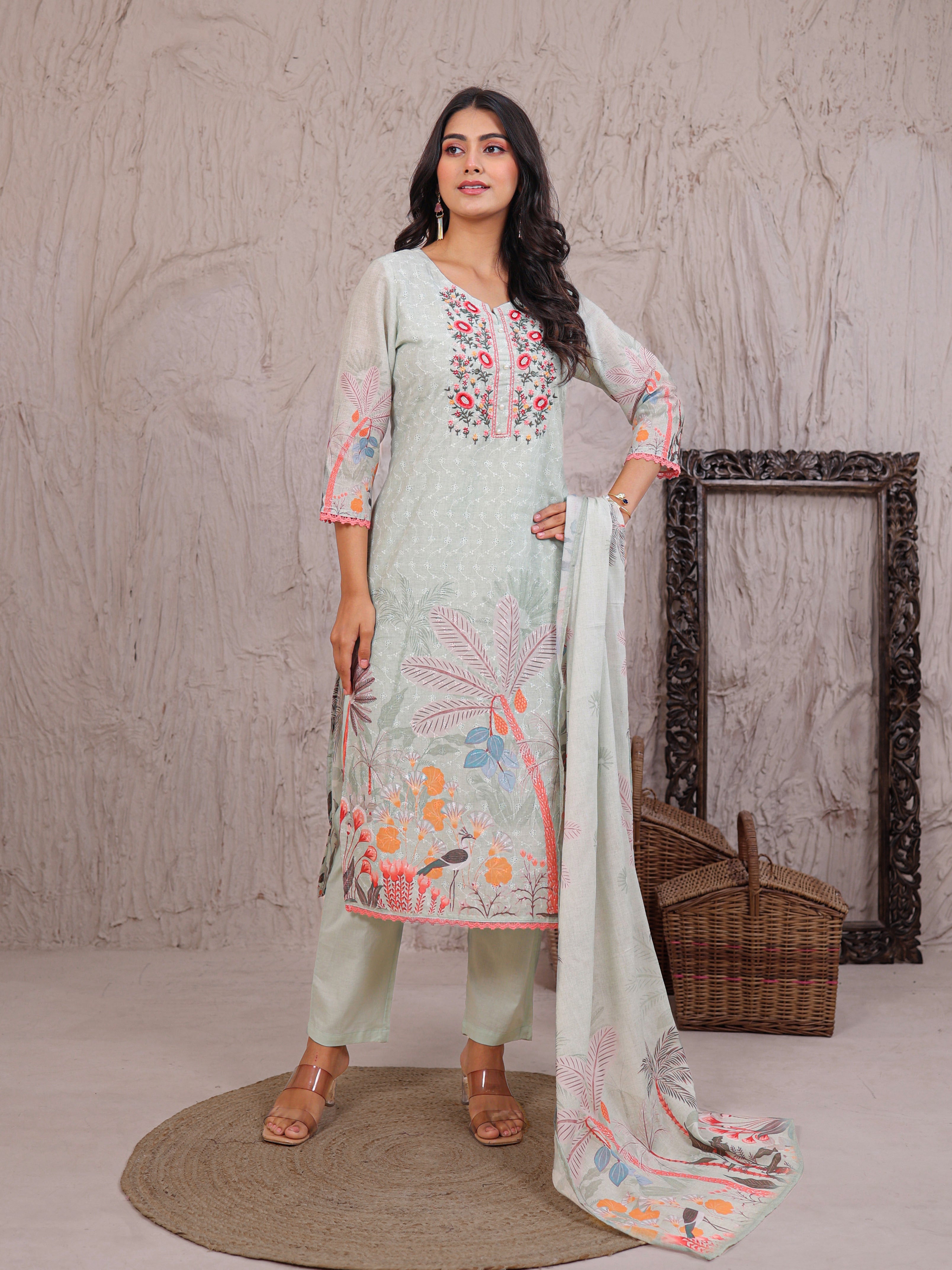 Cotton Schiffli Kurta Set Stitched with Pearl and Thread work