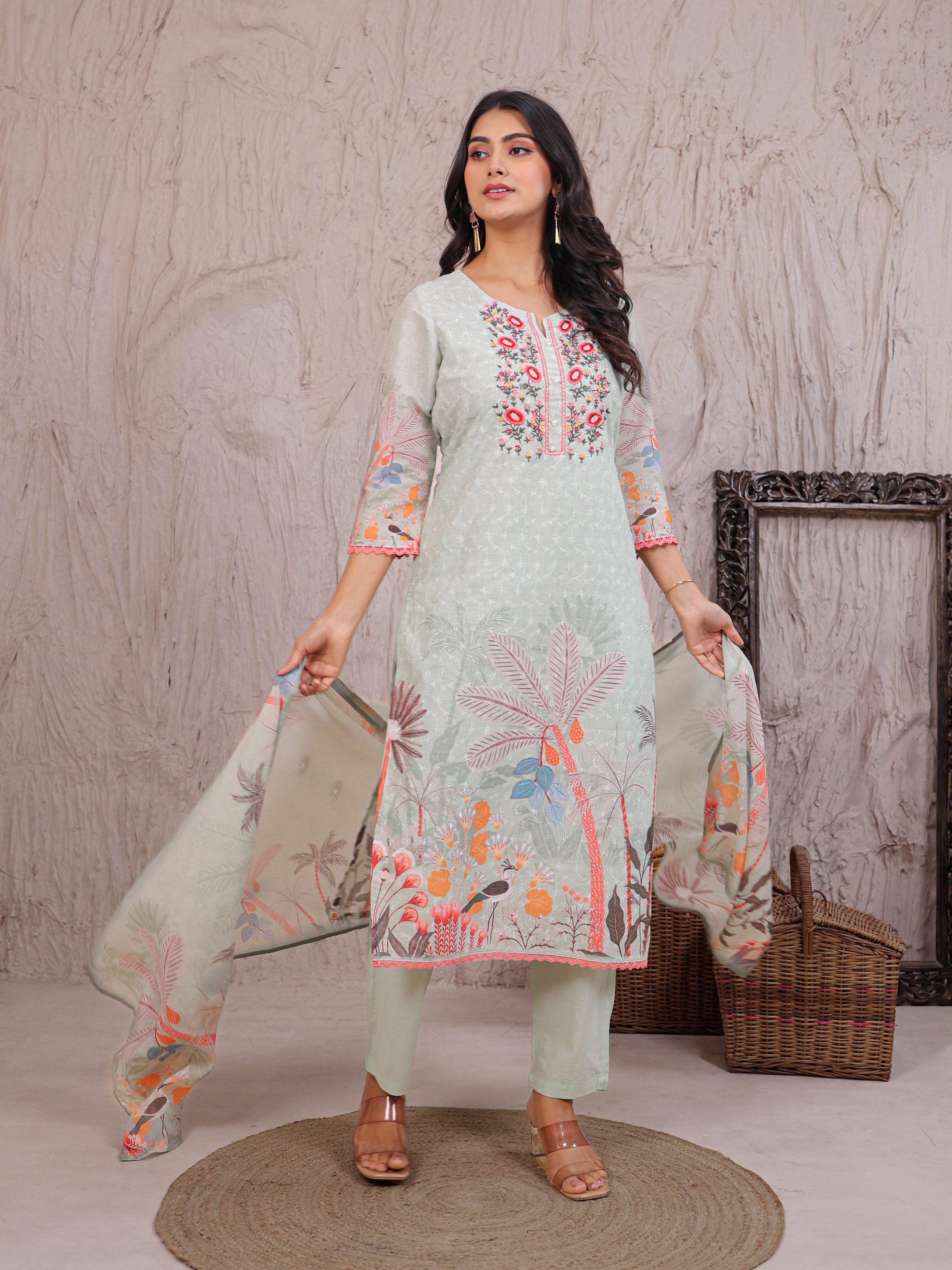 Cotton Schiffli Kurta Set Stitched with Pearl and Thread work