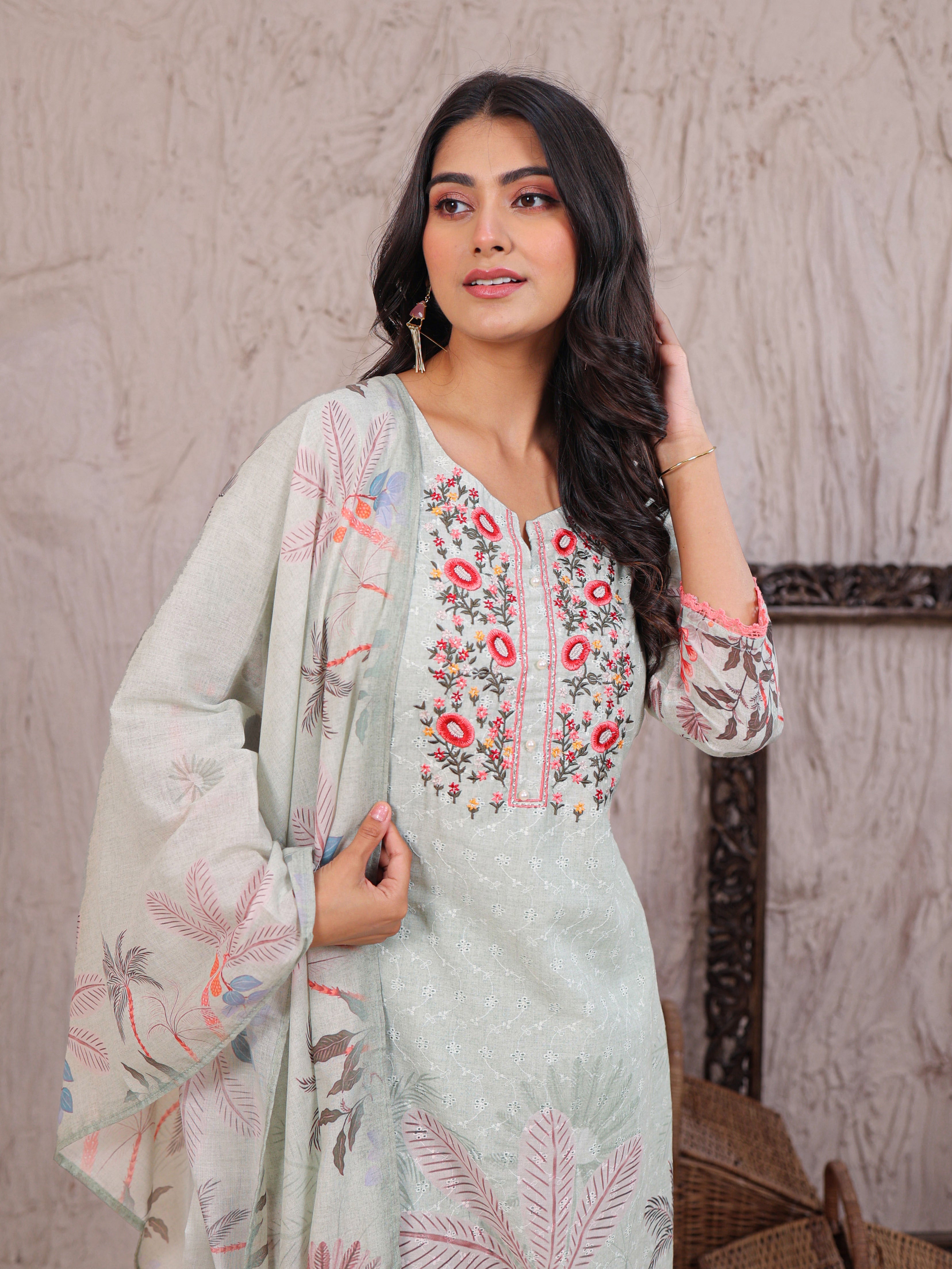 Cotton Schiffli Kurta Set Stitched with Pearl and Thread work