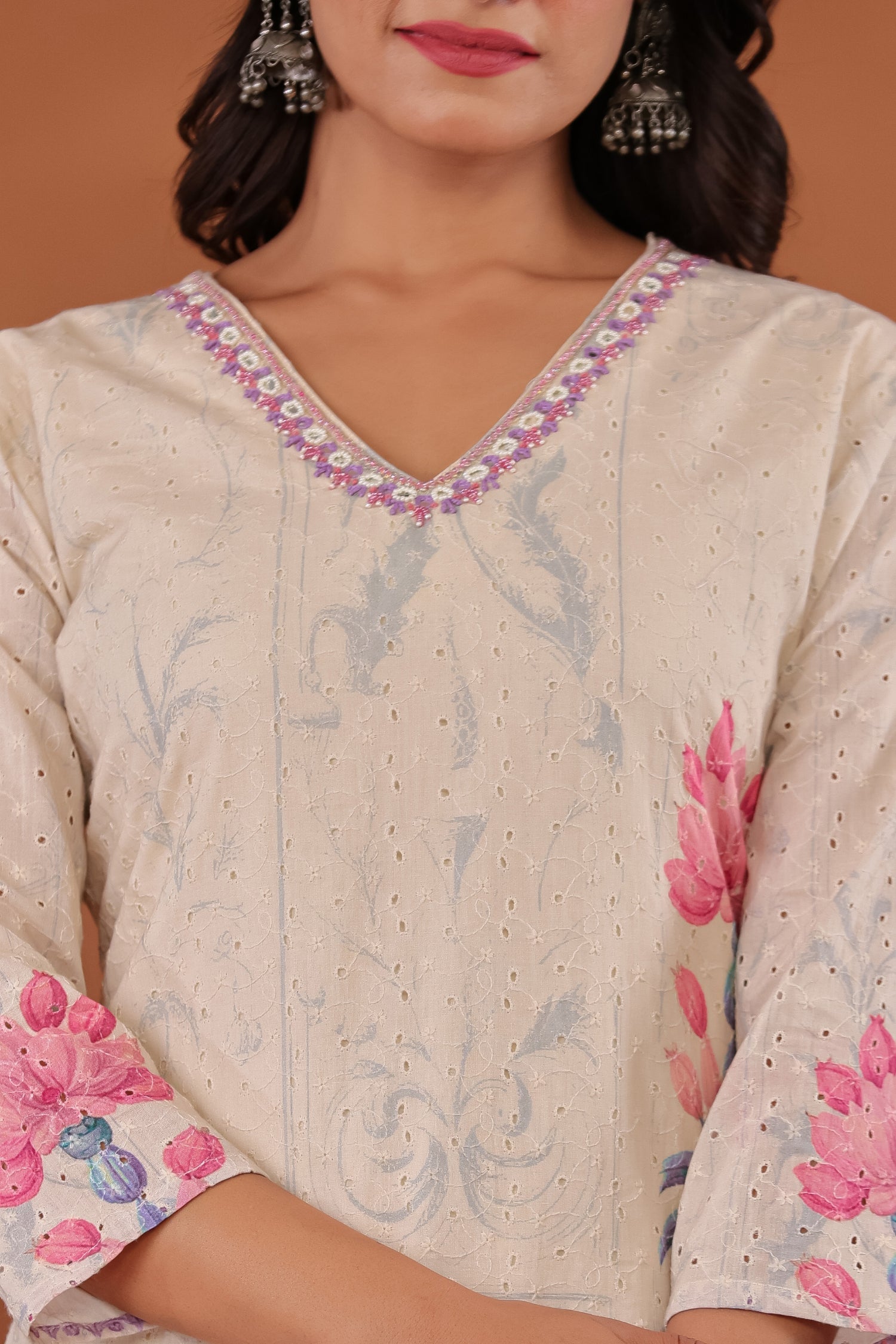 Printed Cotton Schiffli Kurta Set Stitched with Mirror, Thread and Beads work