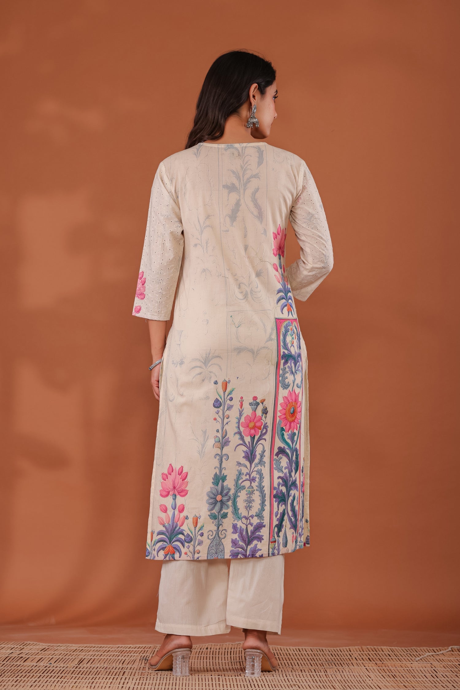 Printed Cotton Schiffli Kurta Set Stitched with Mirror, Thread and Beads work