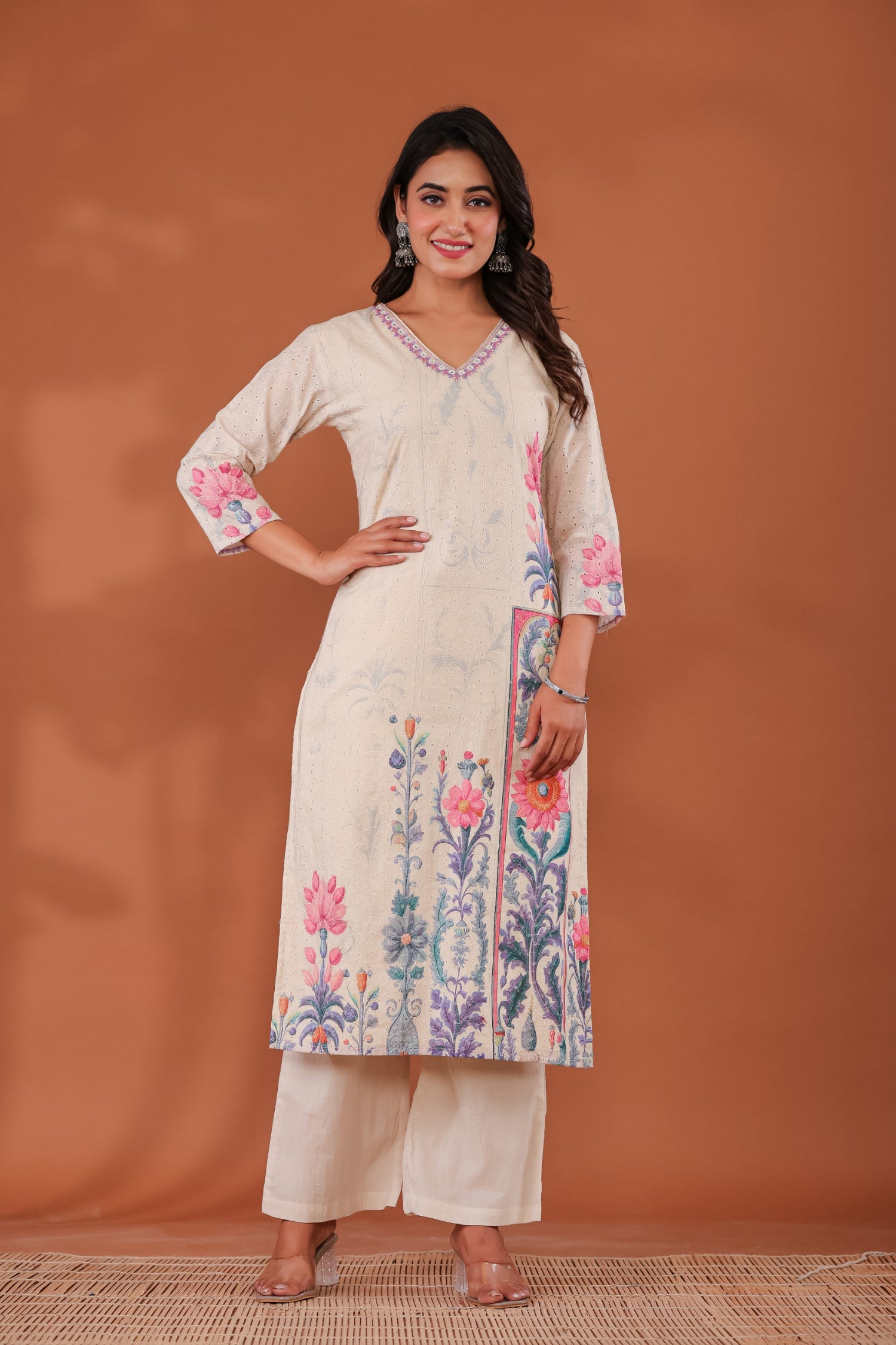 Printed Cotton Schiffli Kurta Set Stitched with Mirror, Thread and Beads work