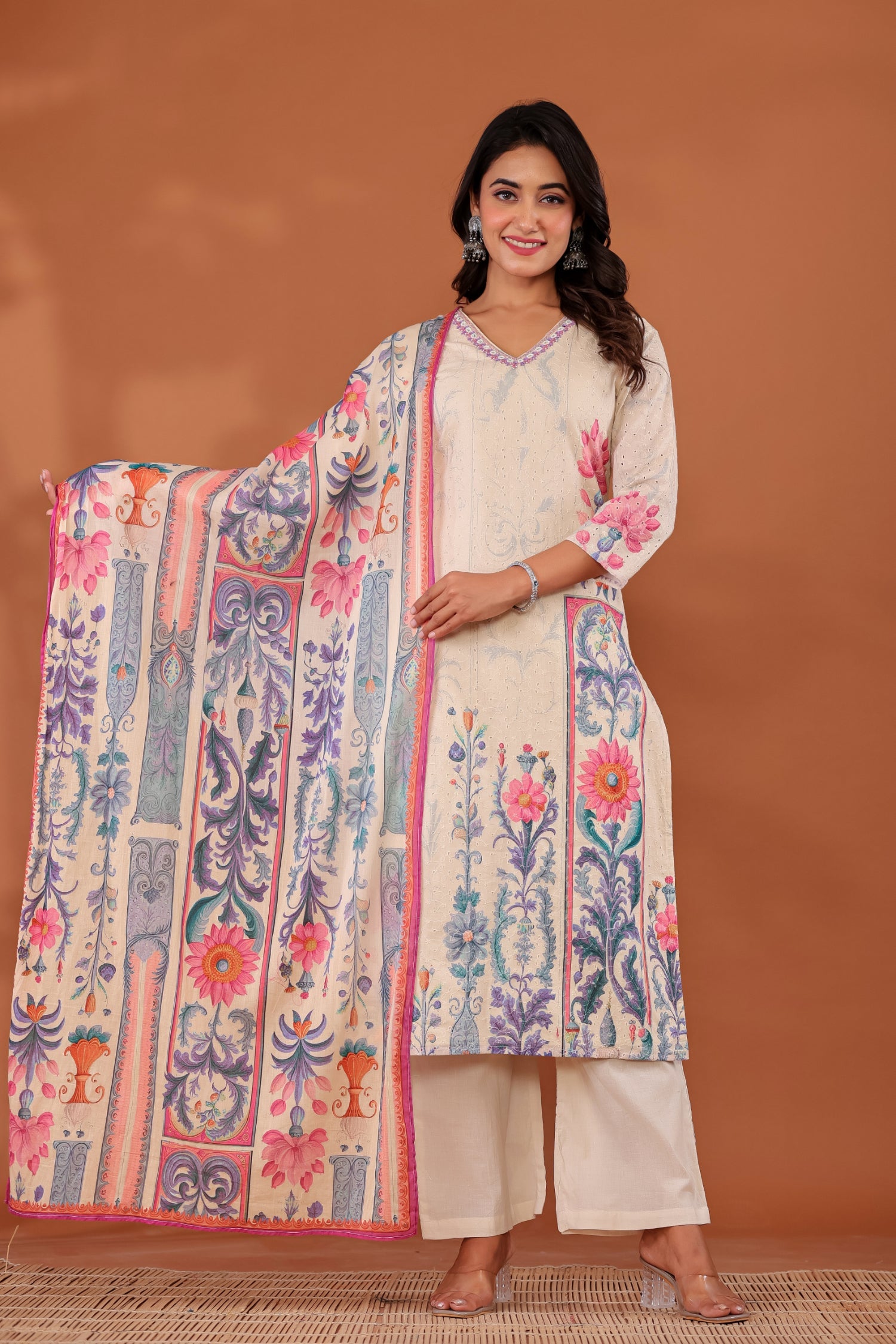 Printed Cotton Schiffli Kurta Set Stitched with Mirror, Thread and Beads work