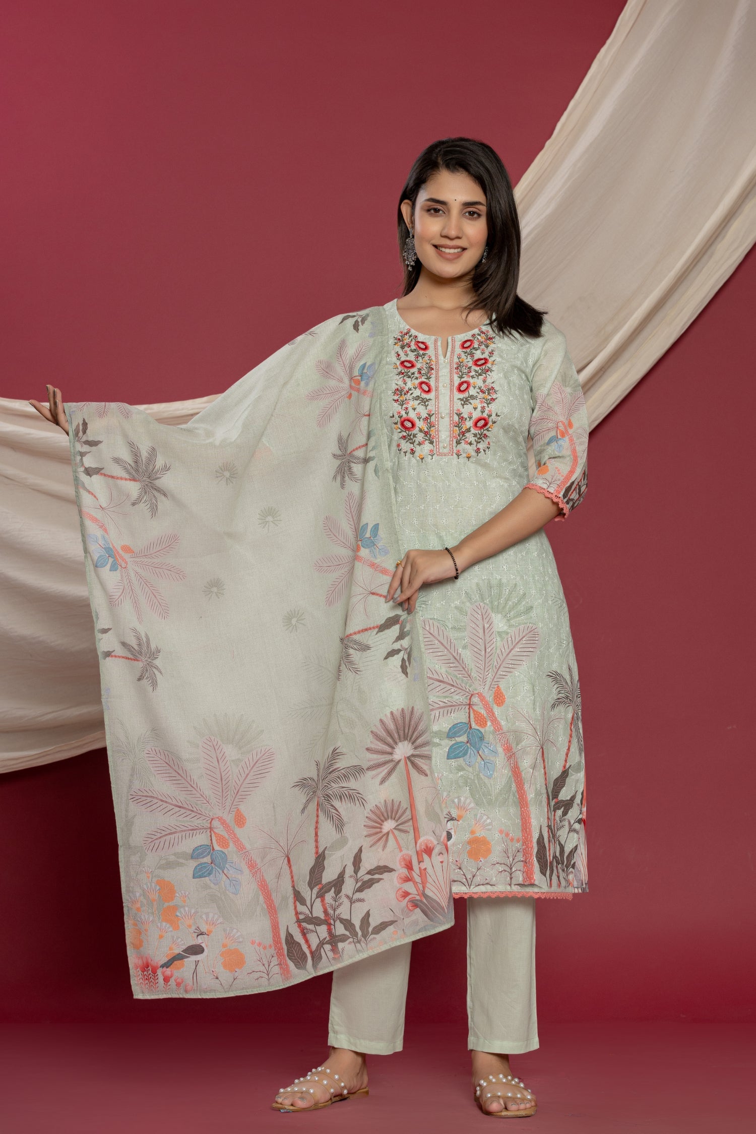 Cotton Schiffli Kurta Set Stitched with Pearl and Thread work
