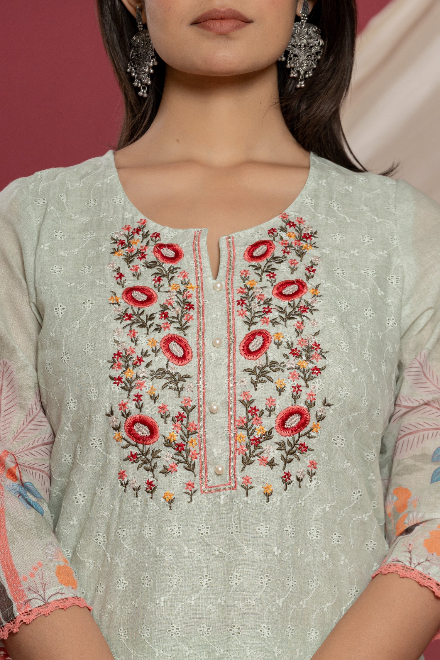 Cotton Schiffli Kurta Set Stitched with Pearl and Thread work