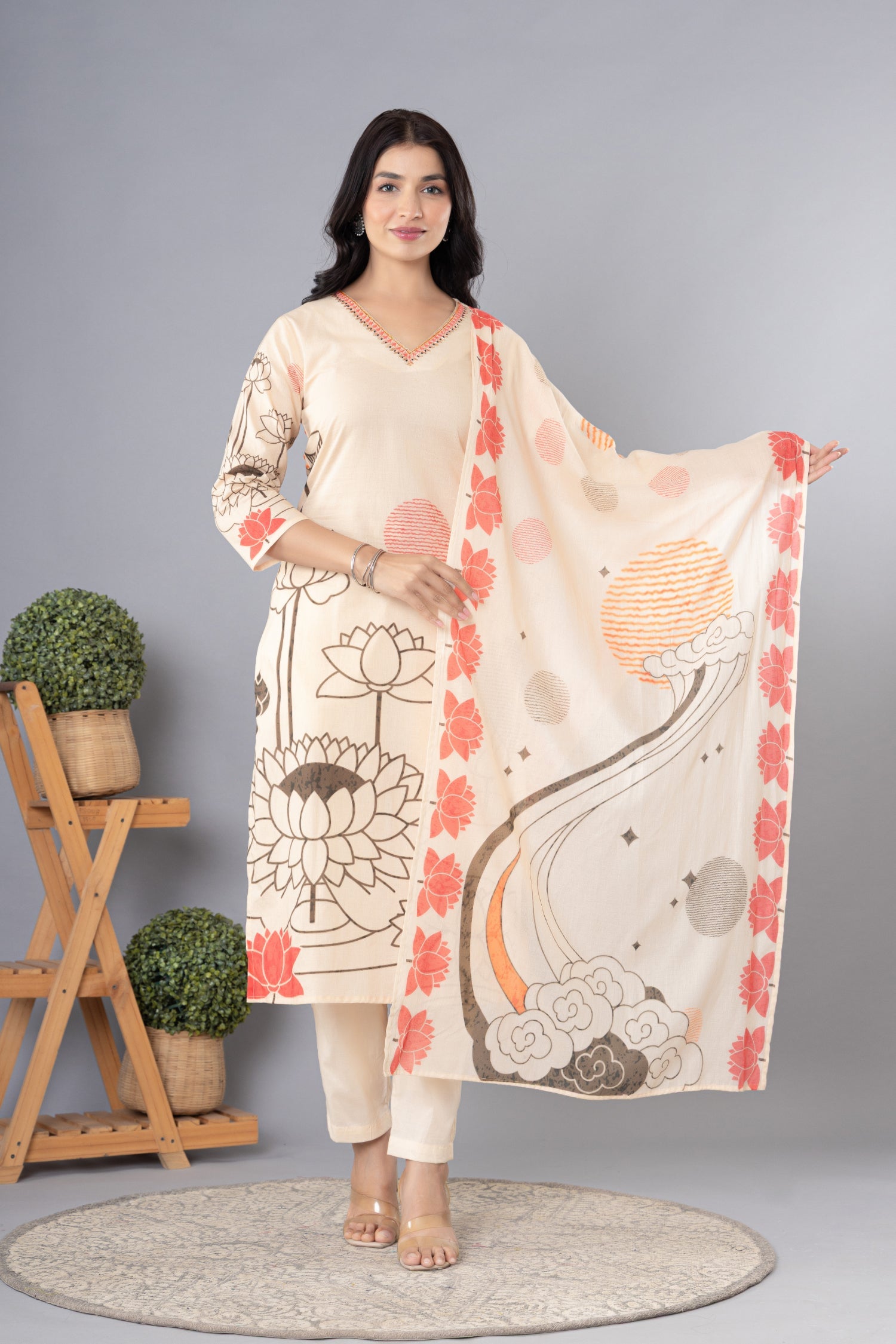 Printed Cotton Kurta Set Stitched with Sequins and Thread work