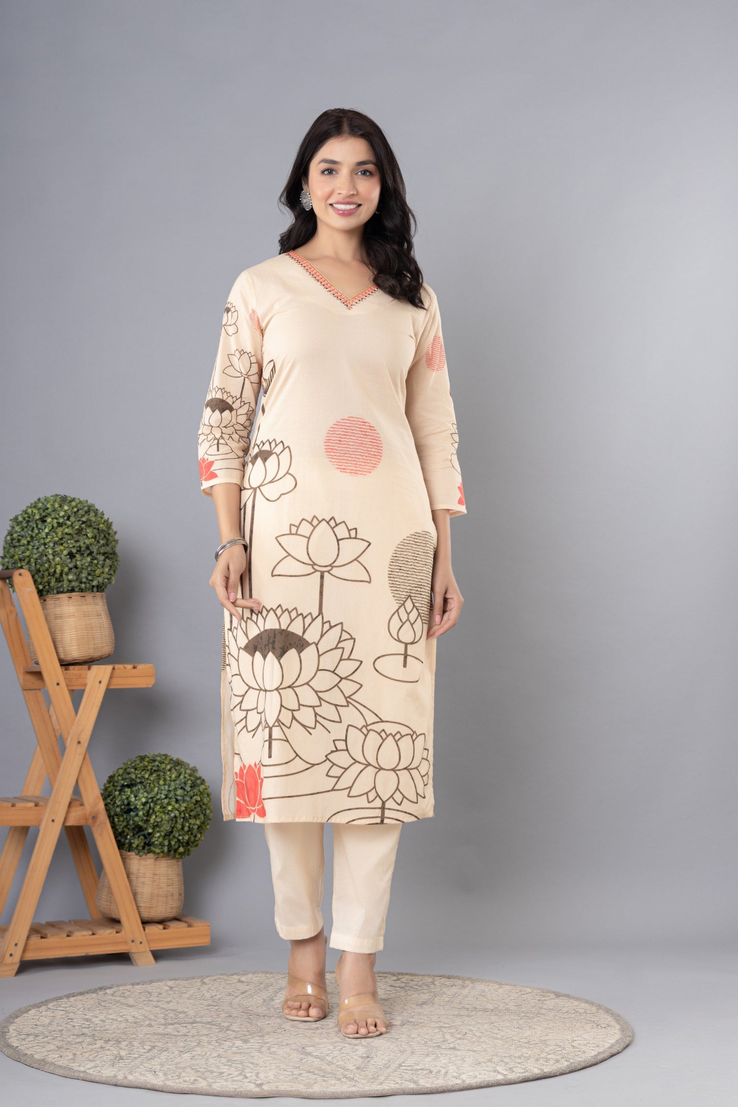 Printed Cotton Kurta Set Stitched with Sequins and Thread work