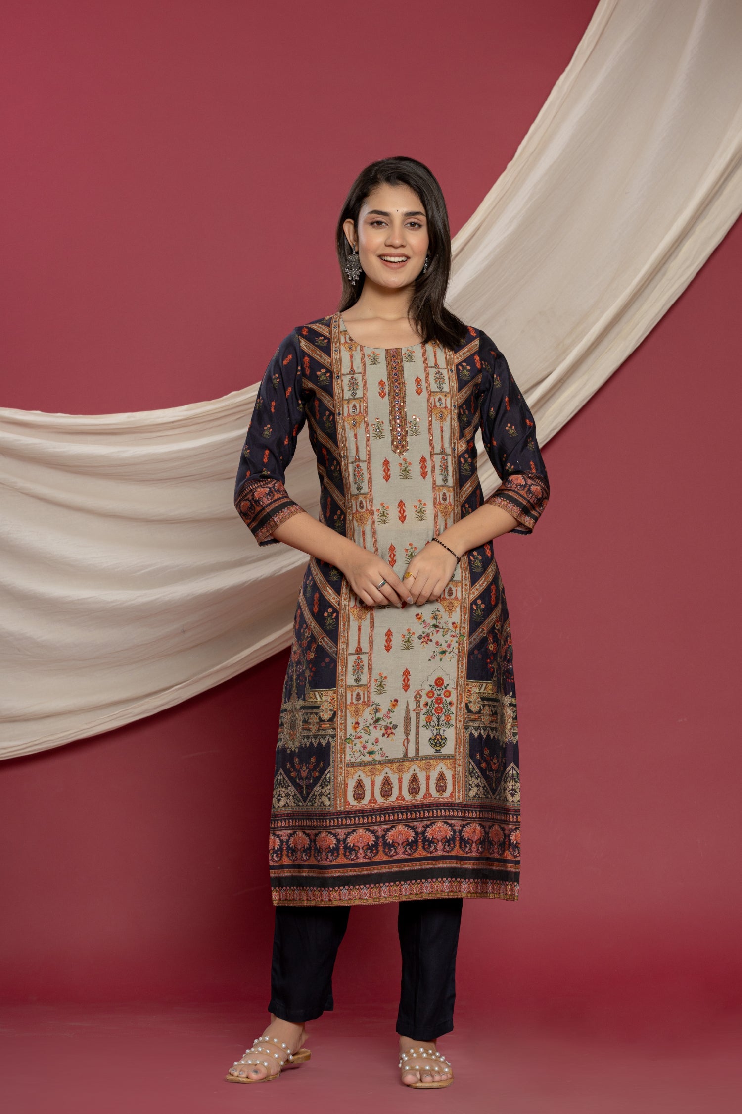 Digital Print Silk Blend Kurta Set Stitched with Cutdana, Mirror and Sequins work