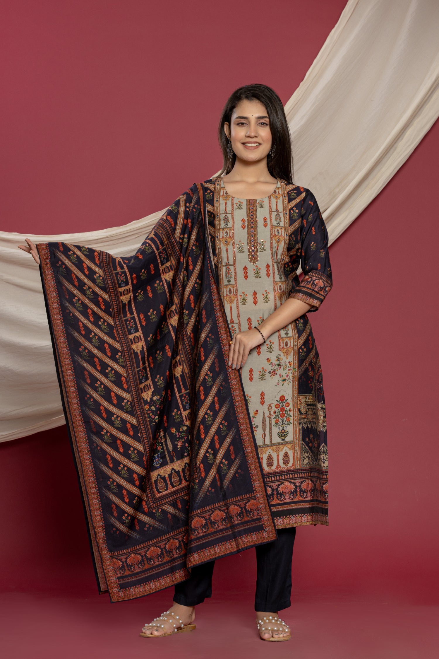 Digital Print Silk Blend Kurta Set Stitched with Cutdana, Mirror and Sequins work