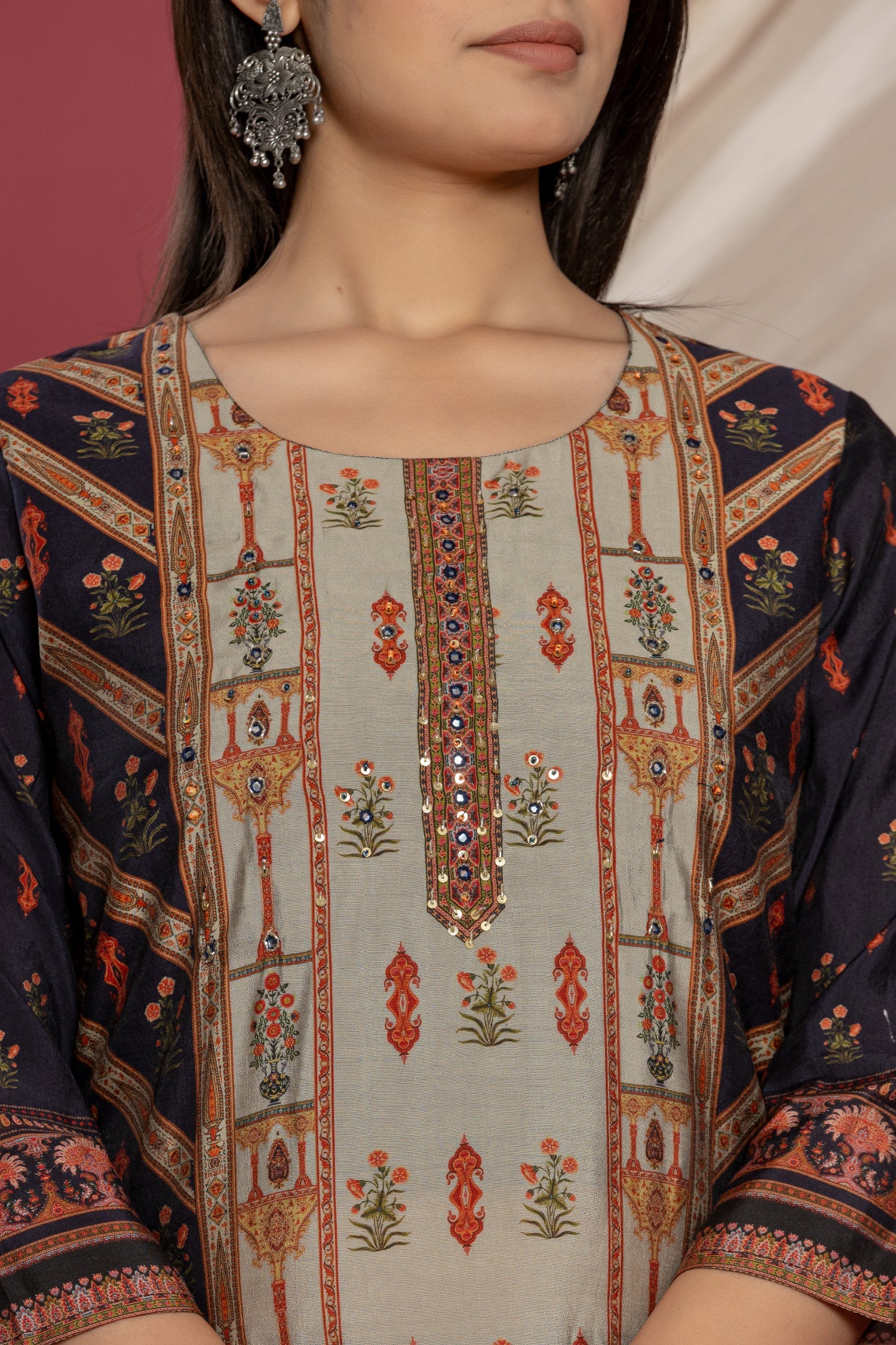 Digital Print Silk Blend Kurta Set Stitched with Cutdana, Mirror and Sequins work