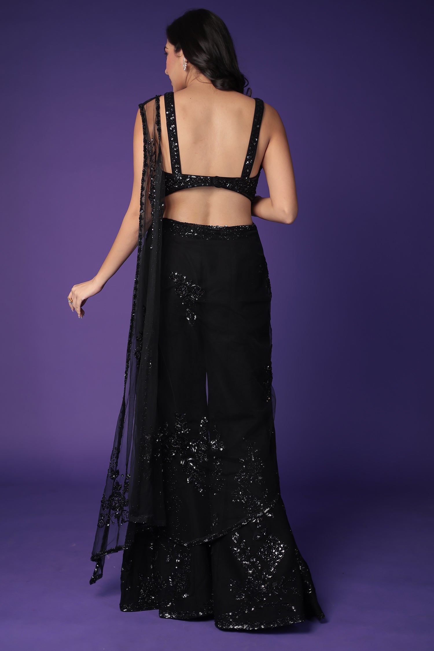 Net Indo Western Saree with Sequins and Thread work