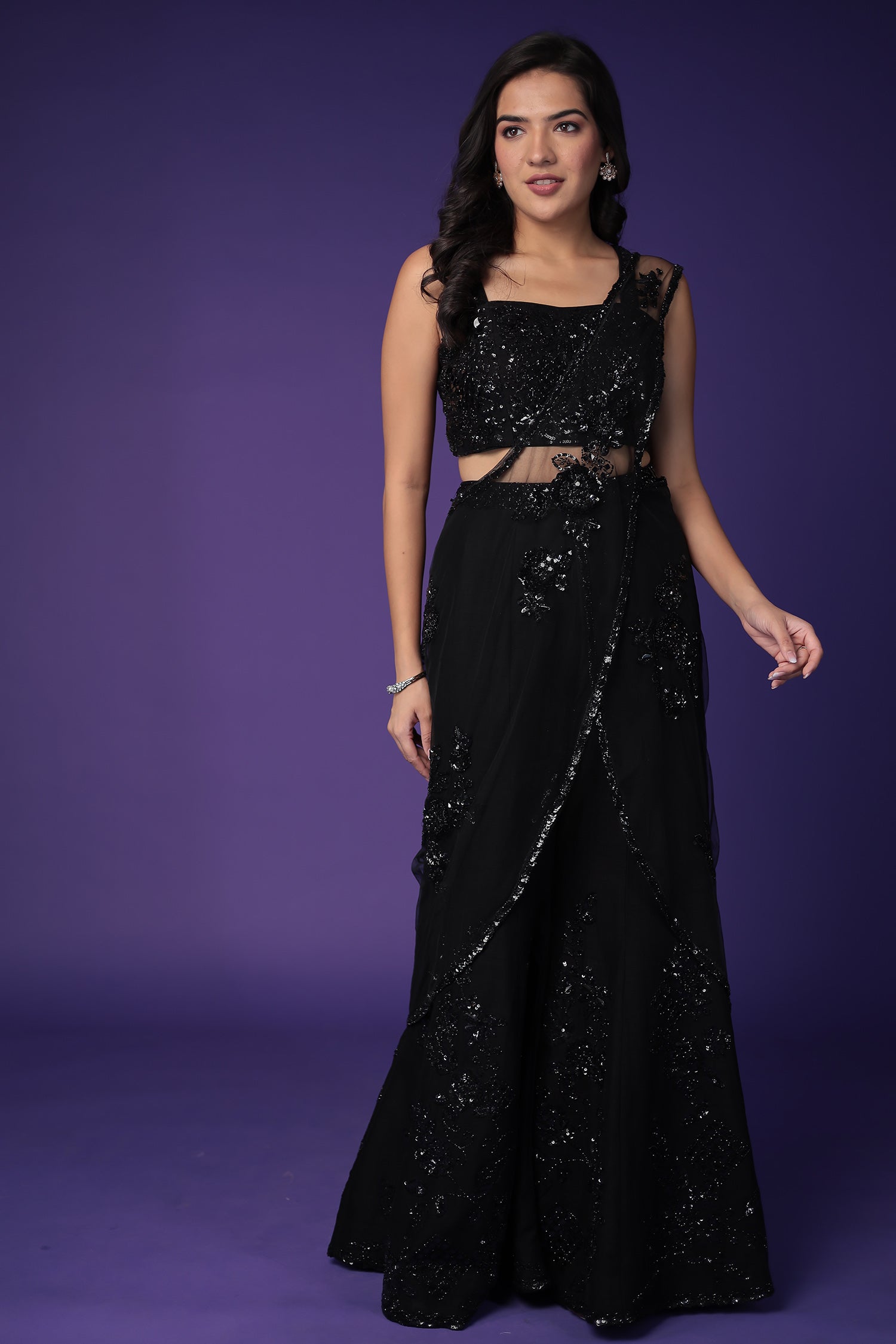 Net Indo Western Saree with Sequins and Thread work