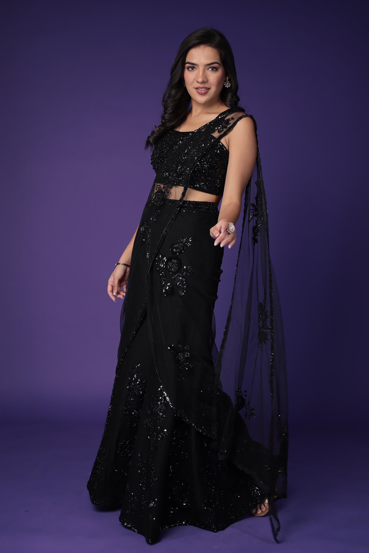 Net Indo Western Saree with Sequins and Thread work