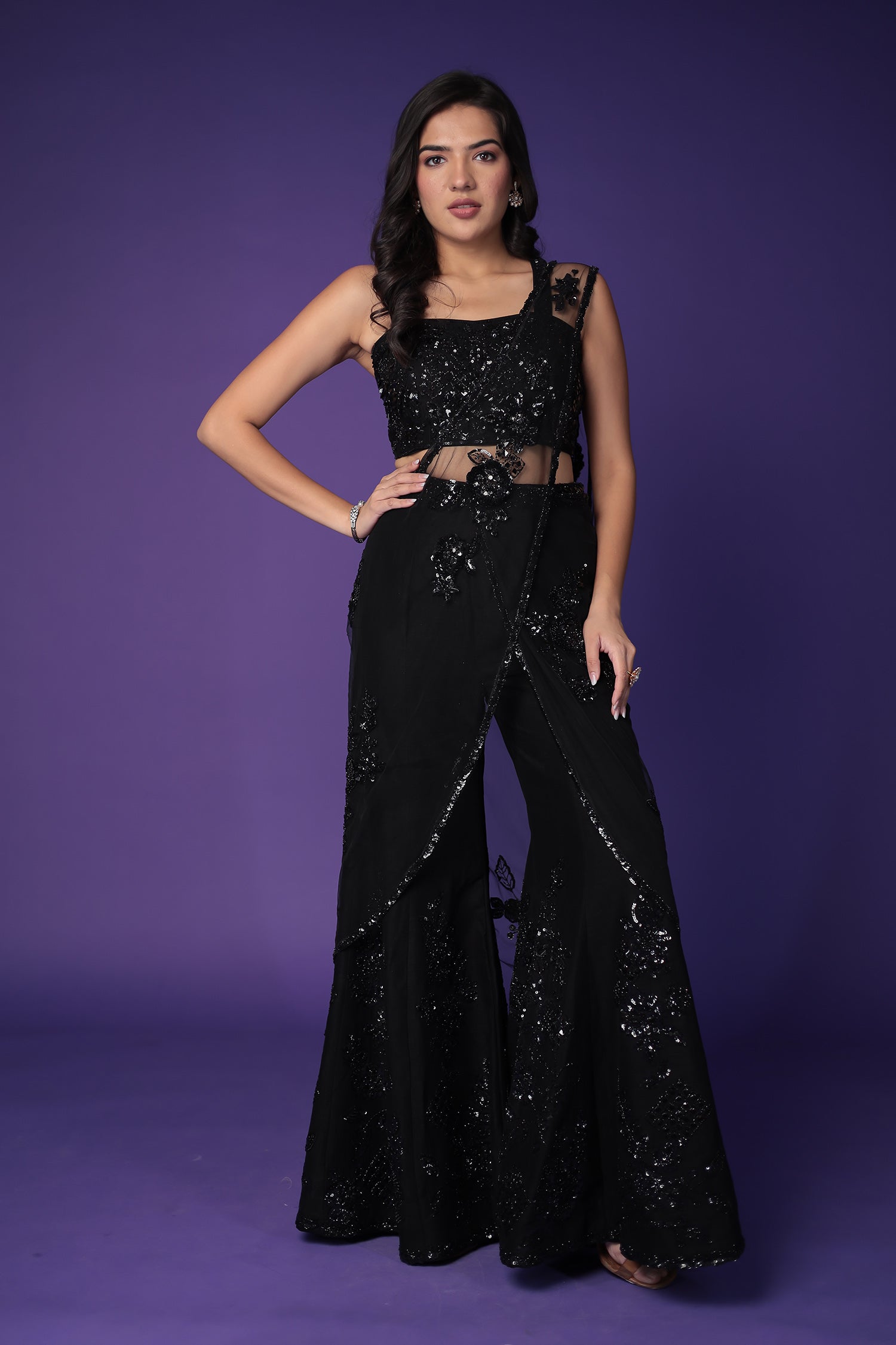 Net Indo Western Saree with Sequins and Thread work