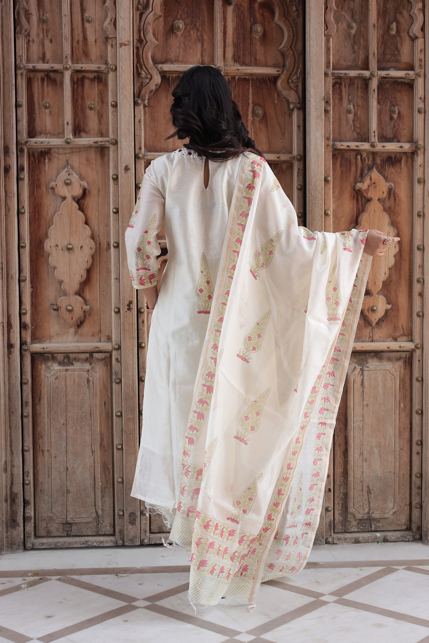 Printed Chanderi Kurta Set Stitched with Pearl and Thread work