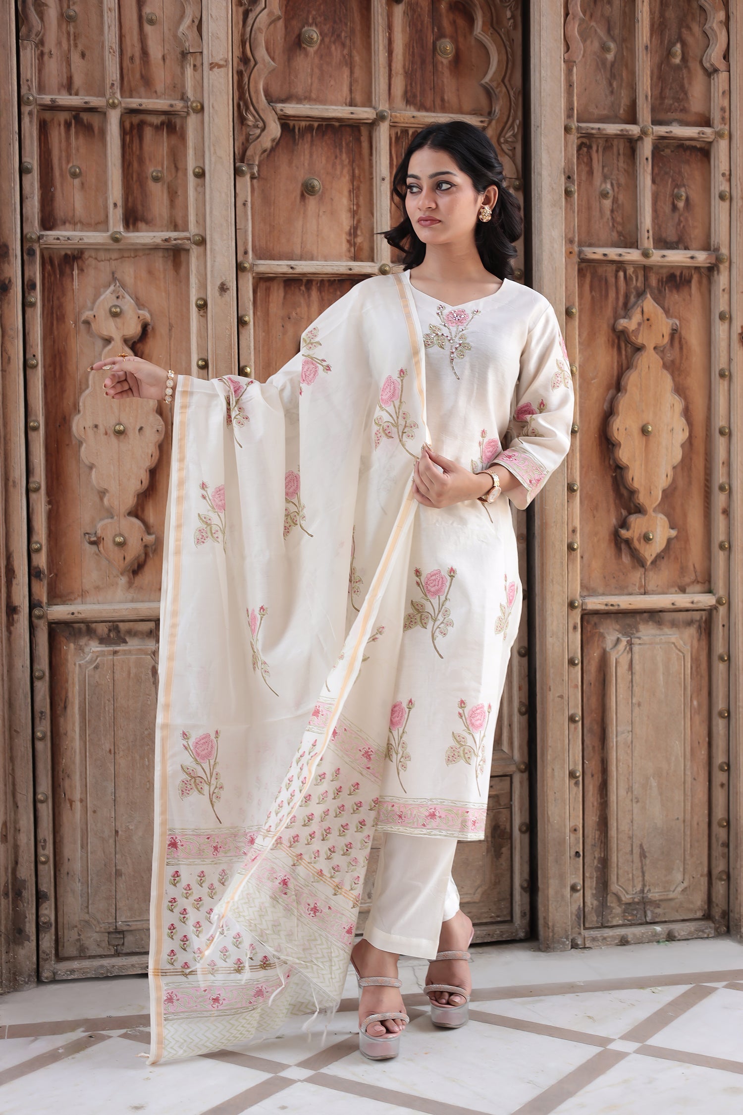 Printed Chanderi Kurta Set Stitched with Pearl and Thread work