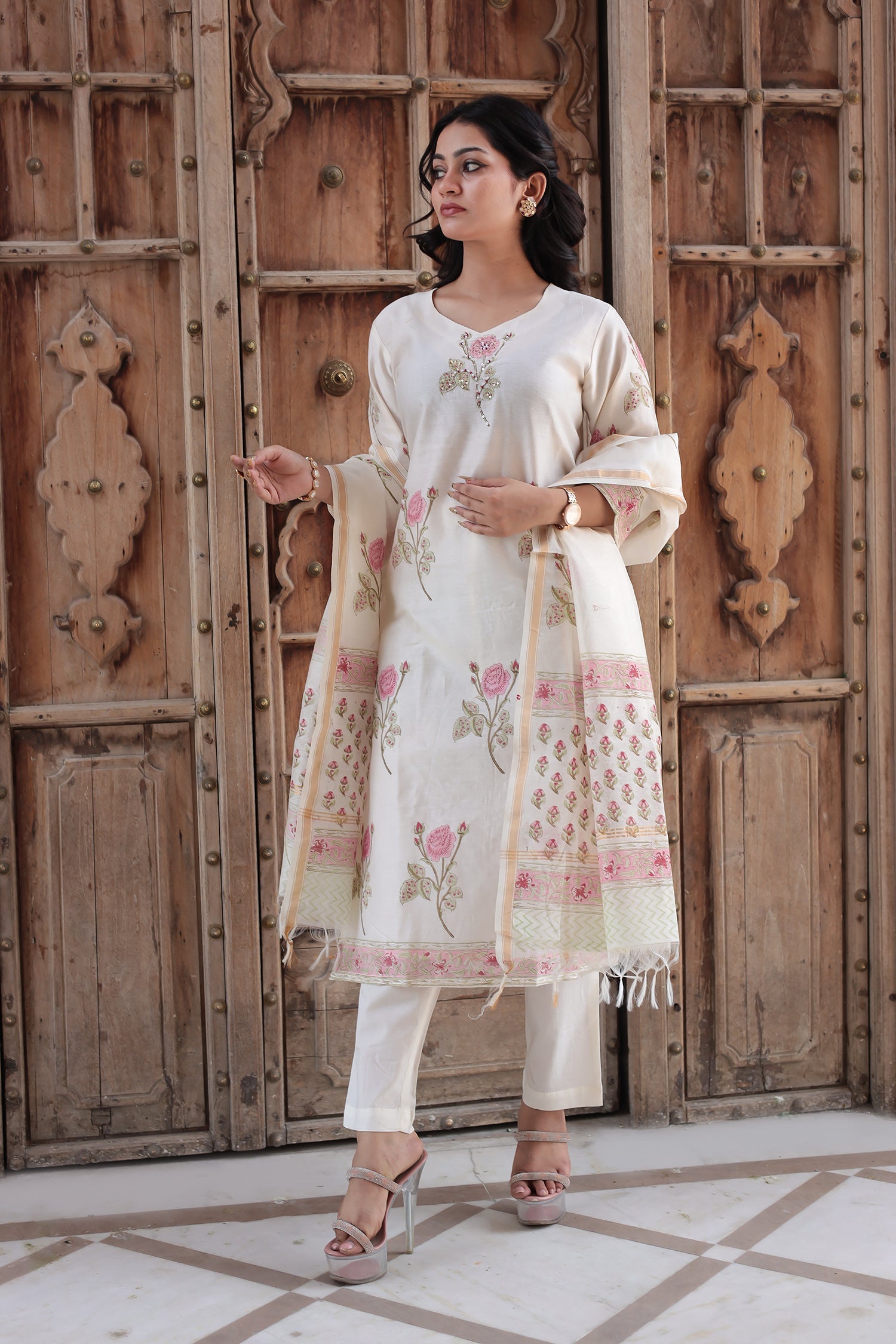 Printed Chanderi Kurta Set Stitched with Pearl and Thread work