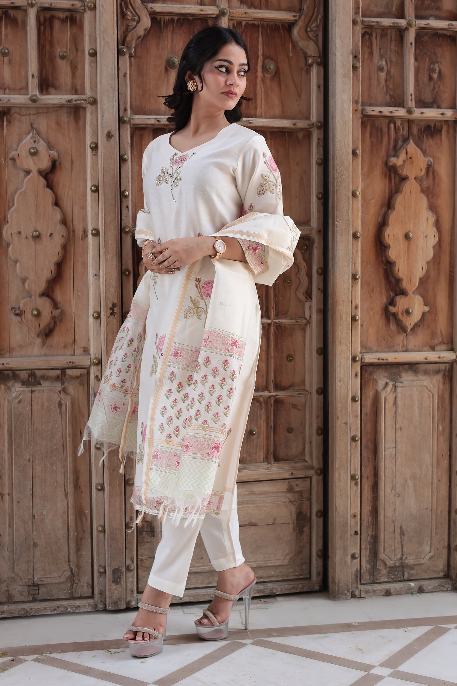 Printed Chanderi Kurta Set Stitched with Pearl and Thread work