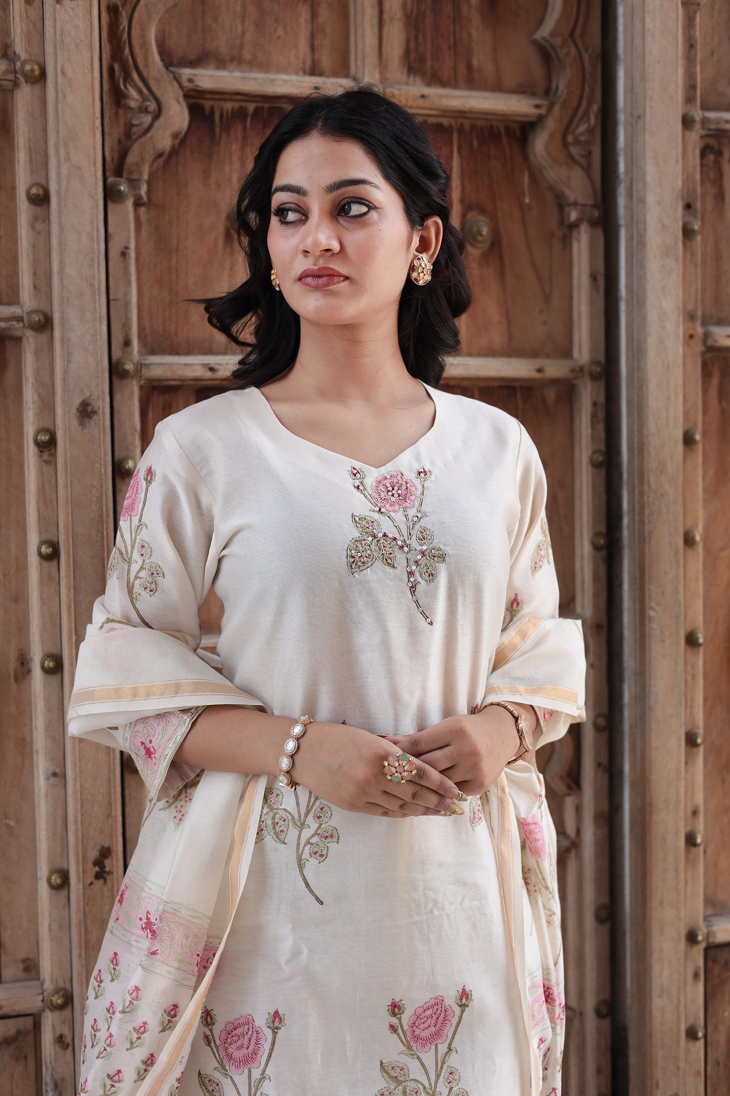 Printed Chanderi Kurta Set Stitched with Pearl and Thread work