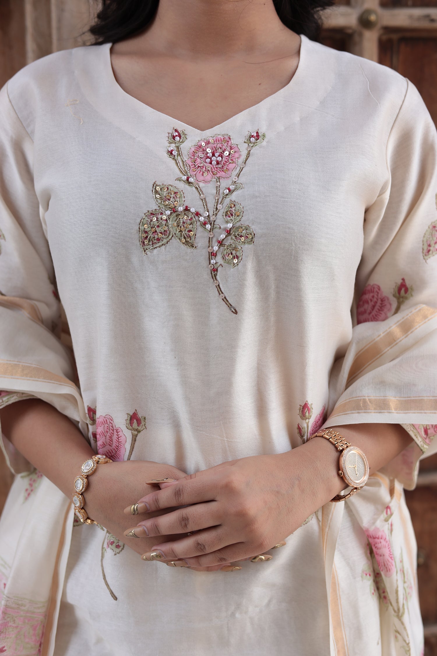 Printed Chanderi Kurta Set Stitched with Pearl and Thread work