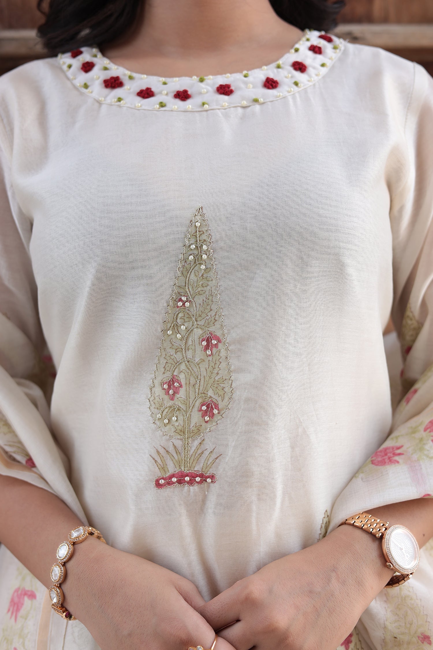 Printed Chanderi Kurta Set Stitched with Pearl and Thread work