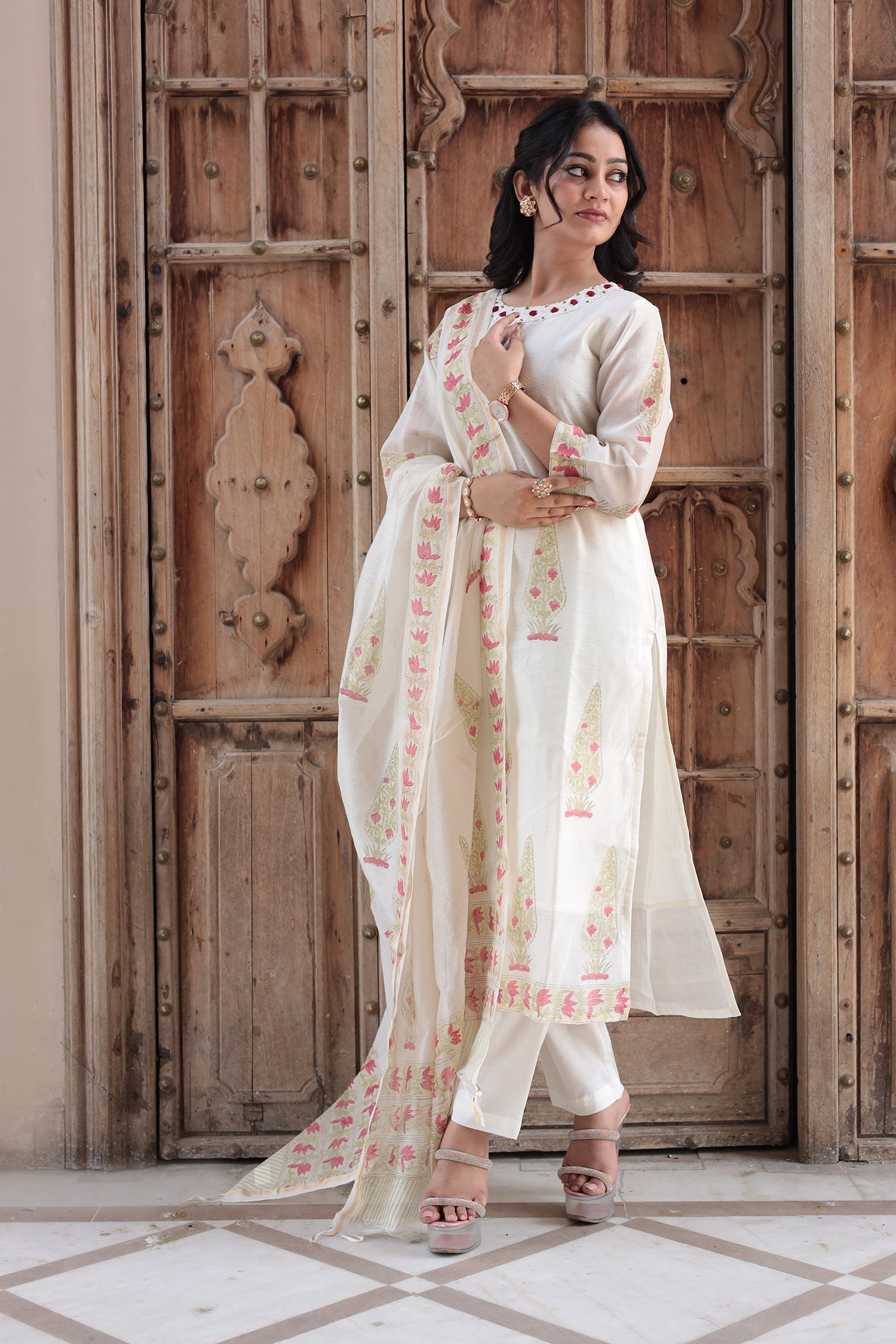 Printed Chanderi Kurta Set Stitched with Pearl and Thread work