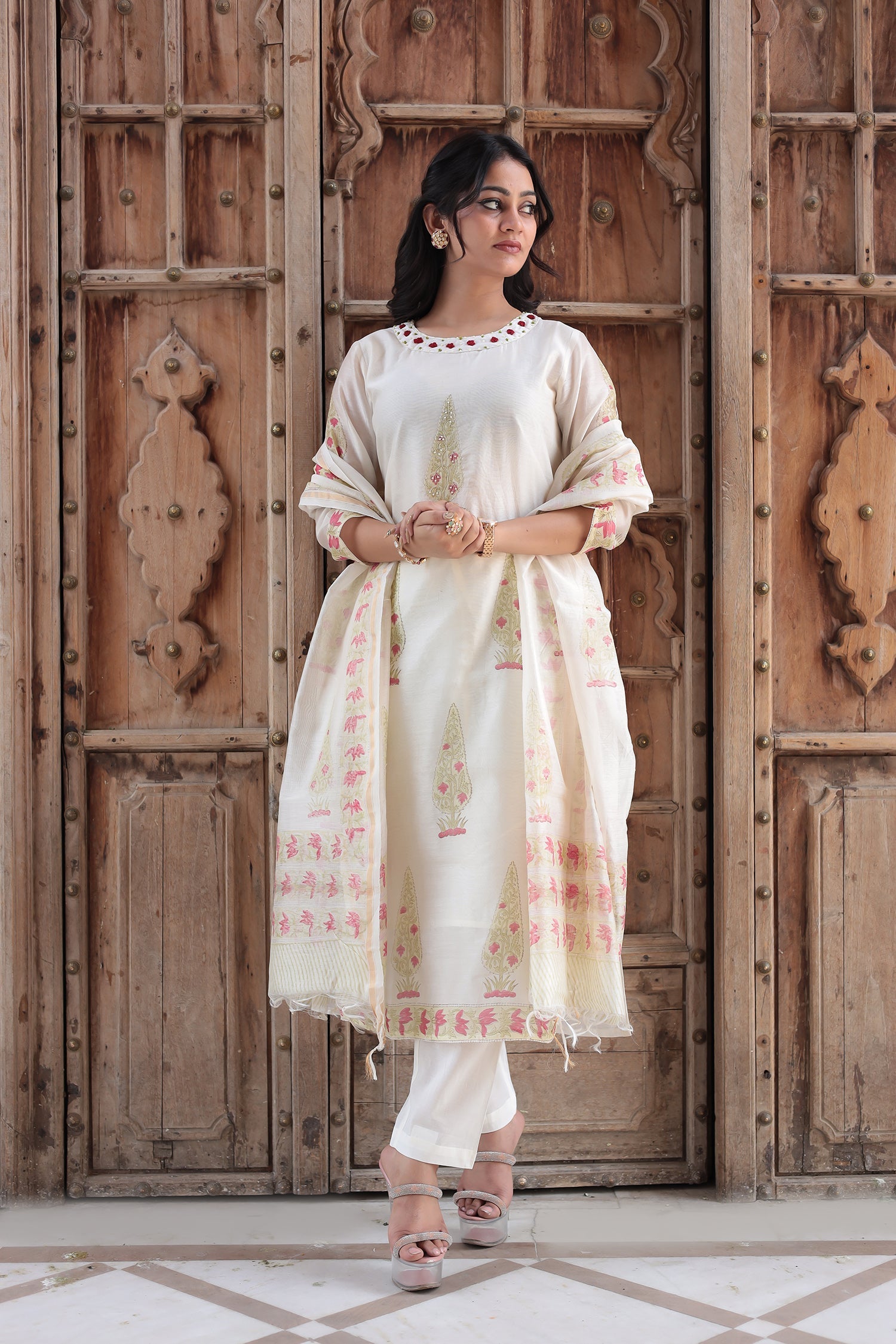 Printed Chanderi Kurta Set Stitched with Pearl and Thread work