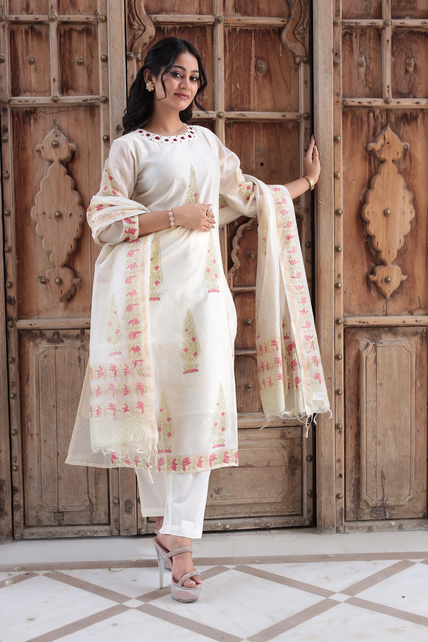 Printed Chanderi Kurta Set Stitched with Pearl and Thread work