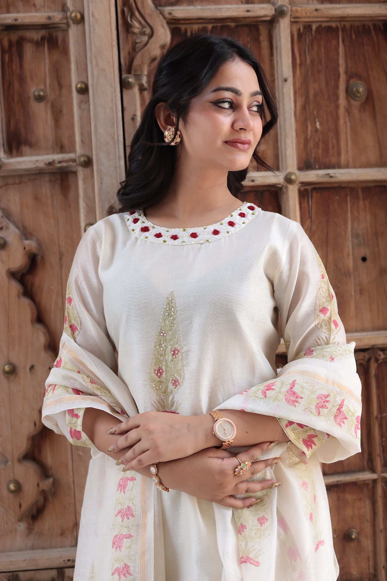 Printed Chanderi Kurta Set Stitched with Pearl and Thread work