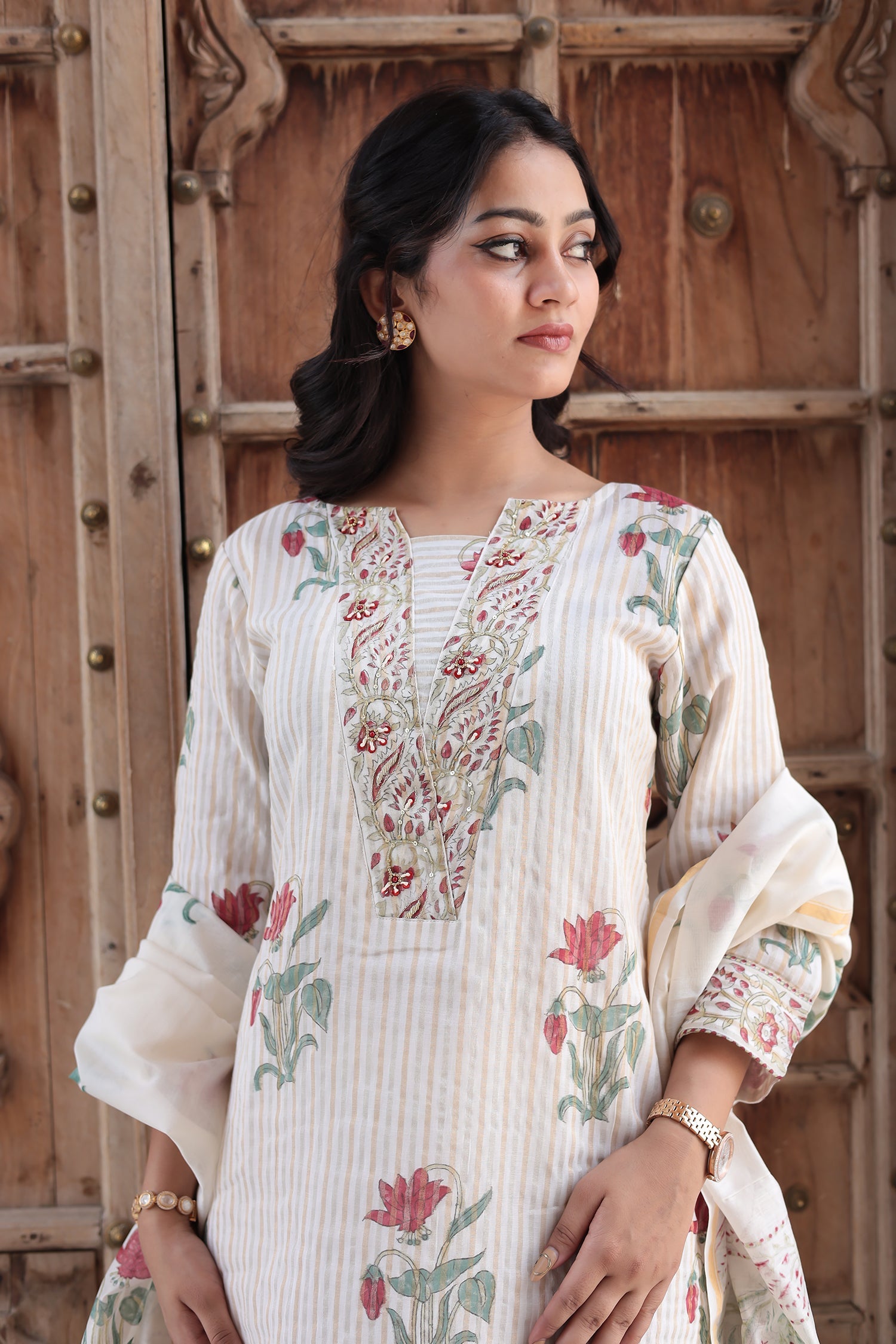 Printed Chanderi Suit with Pearl and Thread work