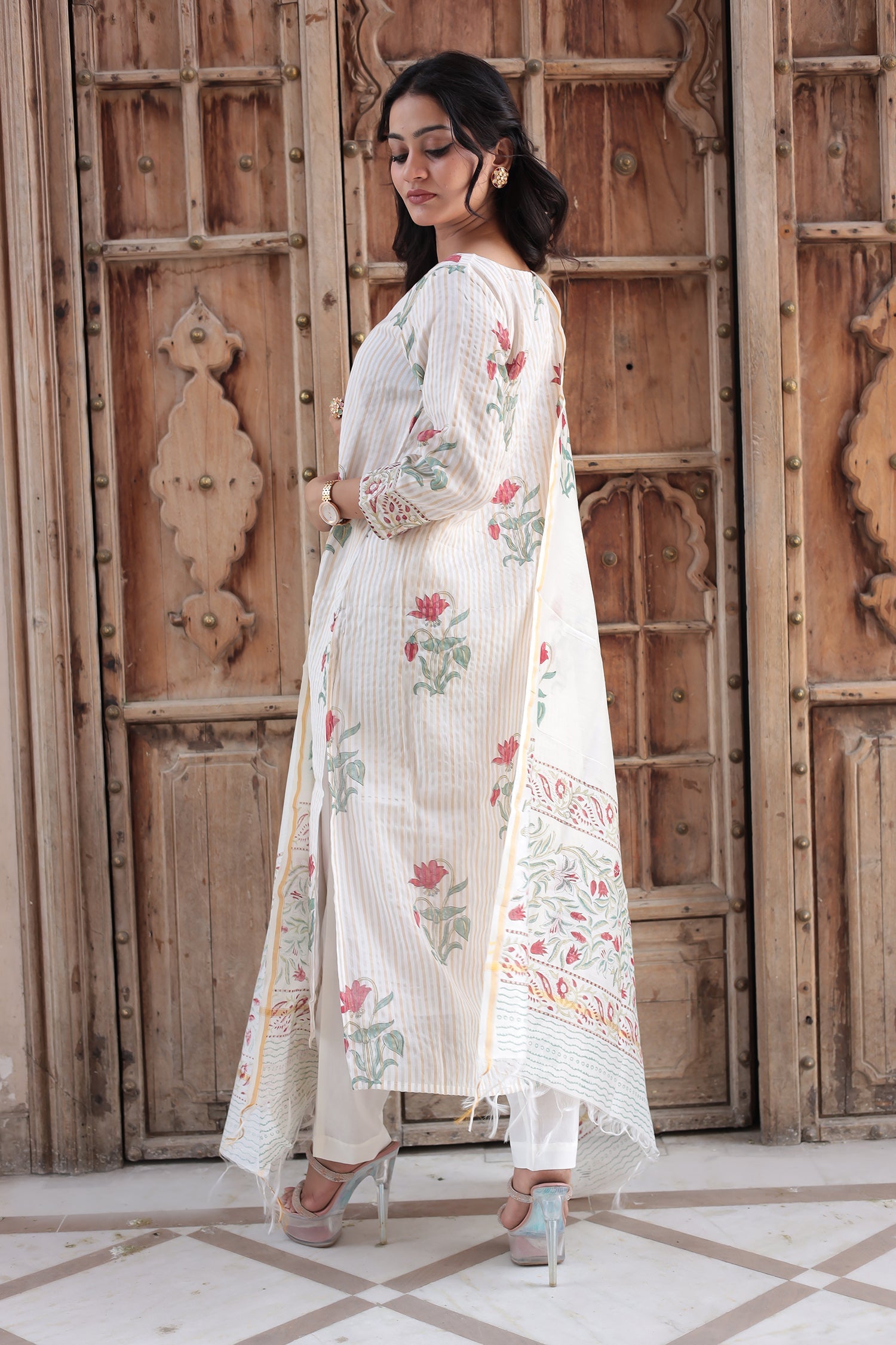 Printed Chanderi Suit with Pearl and Thread work