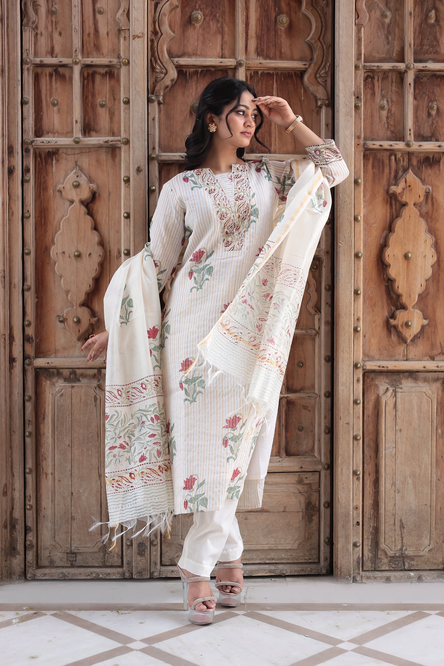 Printed Chanderi Suit with Pearl and Thread work