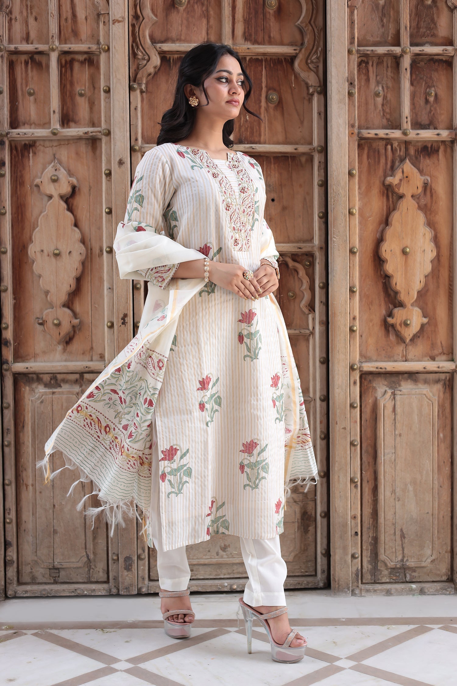 Printed Chanderi Suit with Pearl and Thread work
