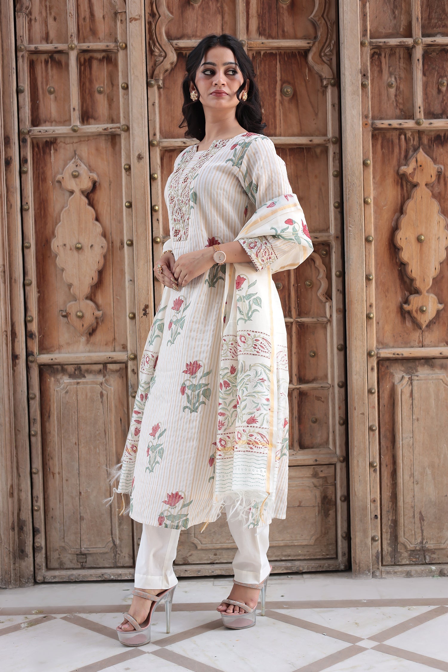 Printed Chanderi Suit with Pearl and Thread work