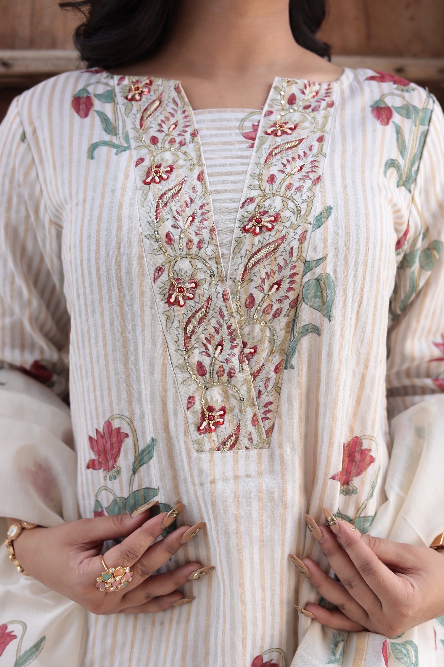 Printed Chanderi Suit with Pearl and Thread work