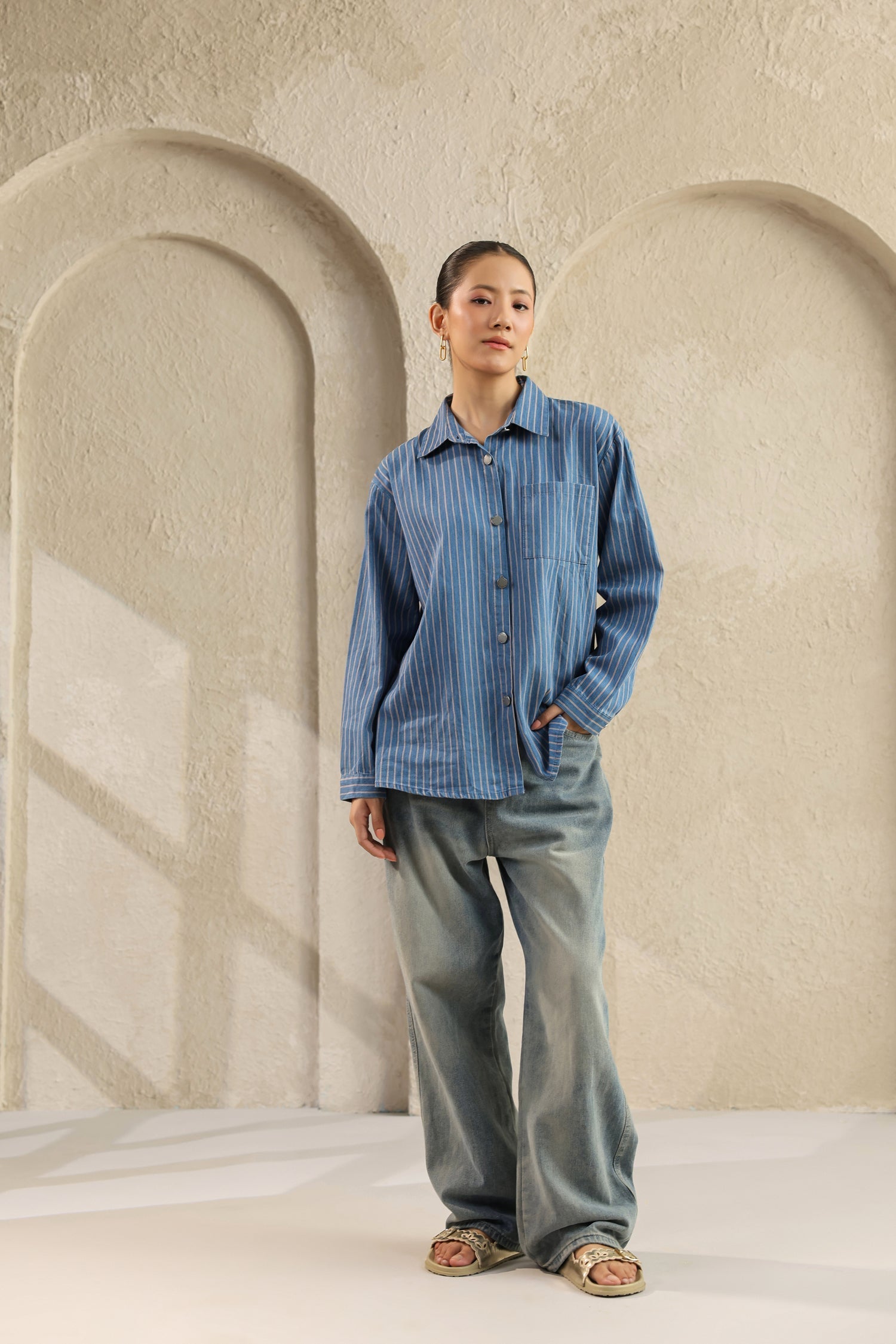 Light Blue Denim Shirt – Relaxed Fit, Striped Design