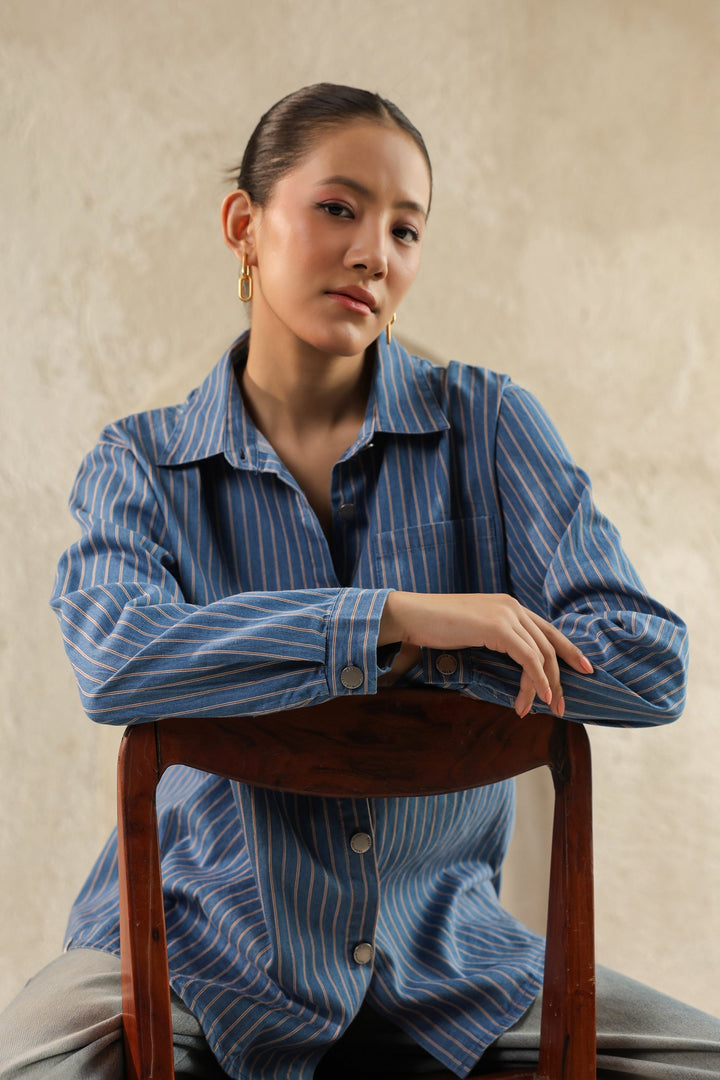 Light Blue Denim Shirt – Relaxed Fit, Striped Design
