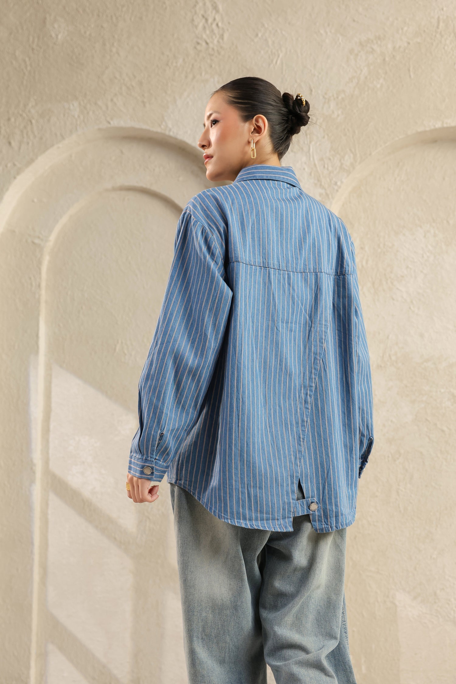 Light Blue Denim Shirt – Relaxed Fit, Striped Design