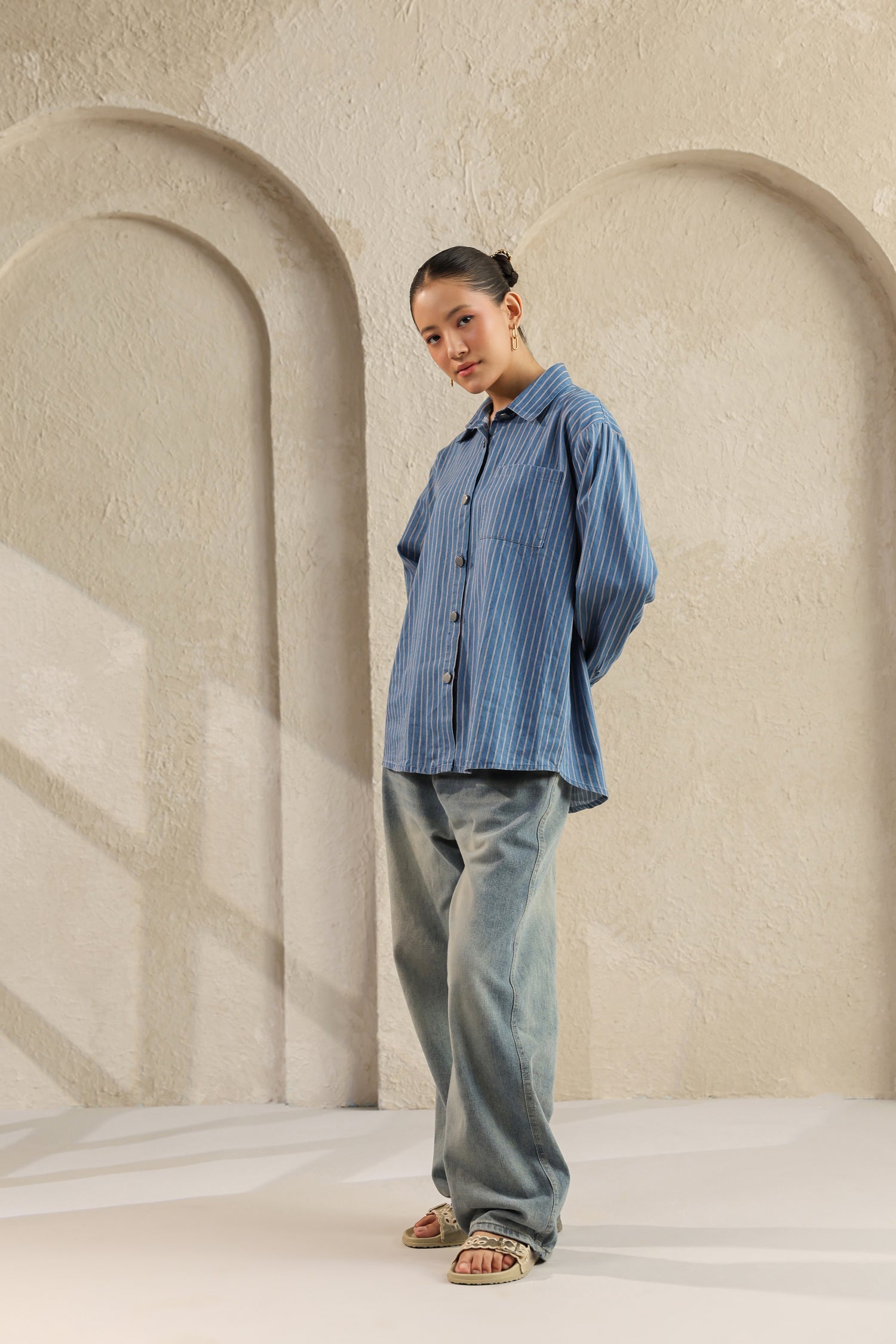 Light Blue Denim Shirt – Relaxed Fit, Striped Design