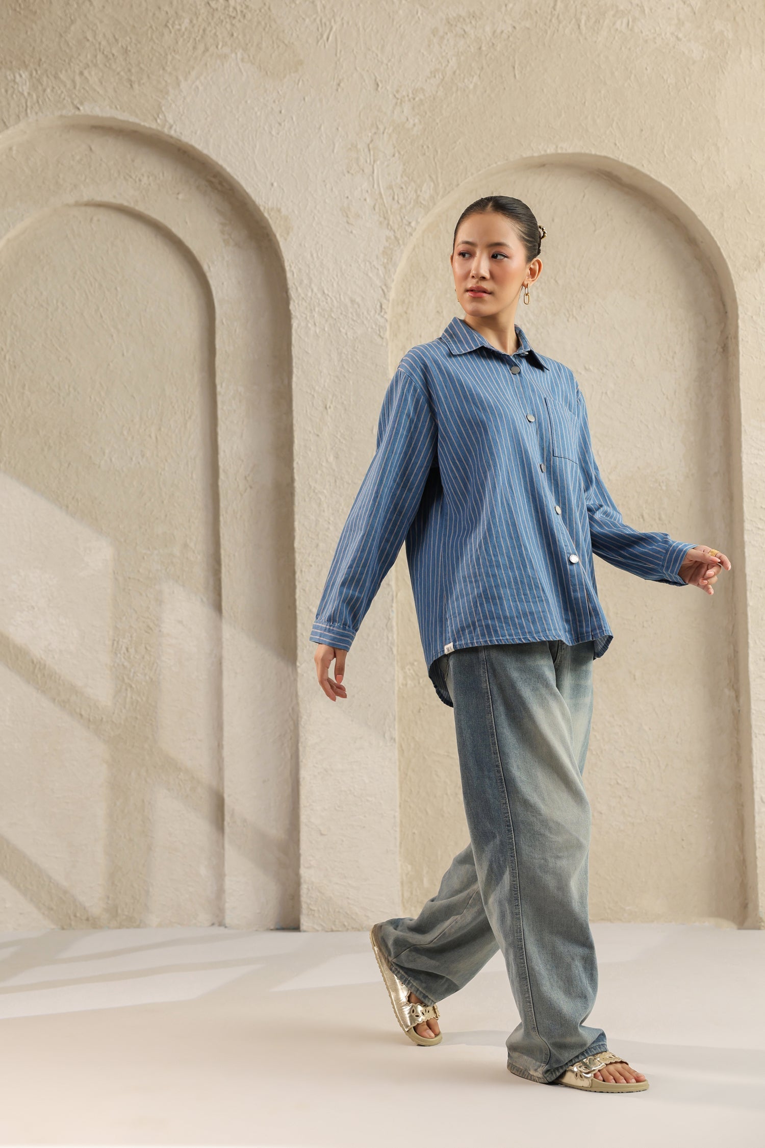 Light Blue Denim Shirt – Relaxed Fit, Striped Design