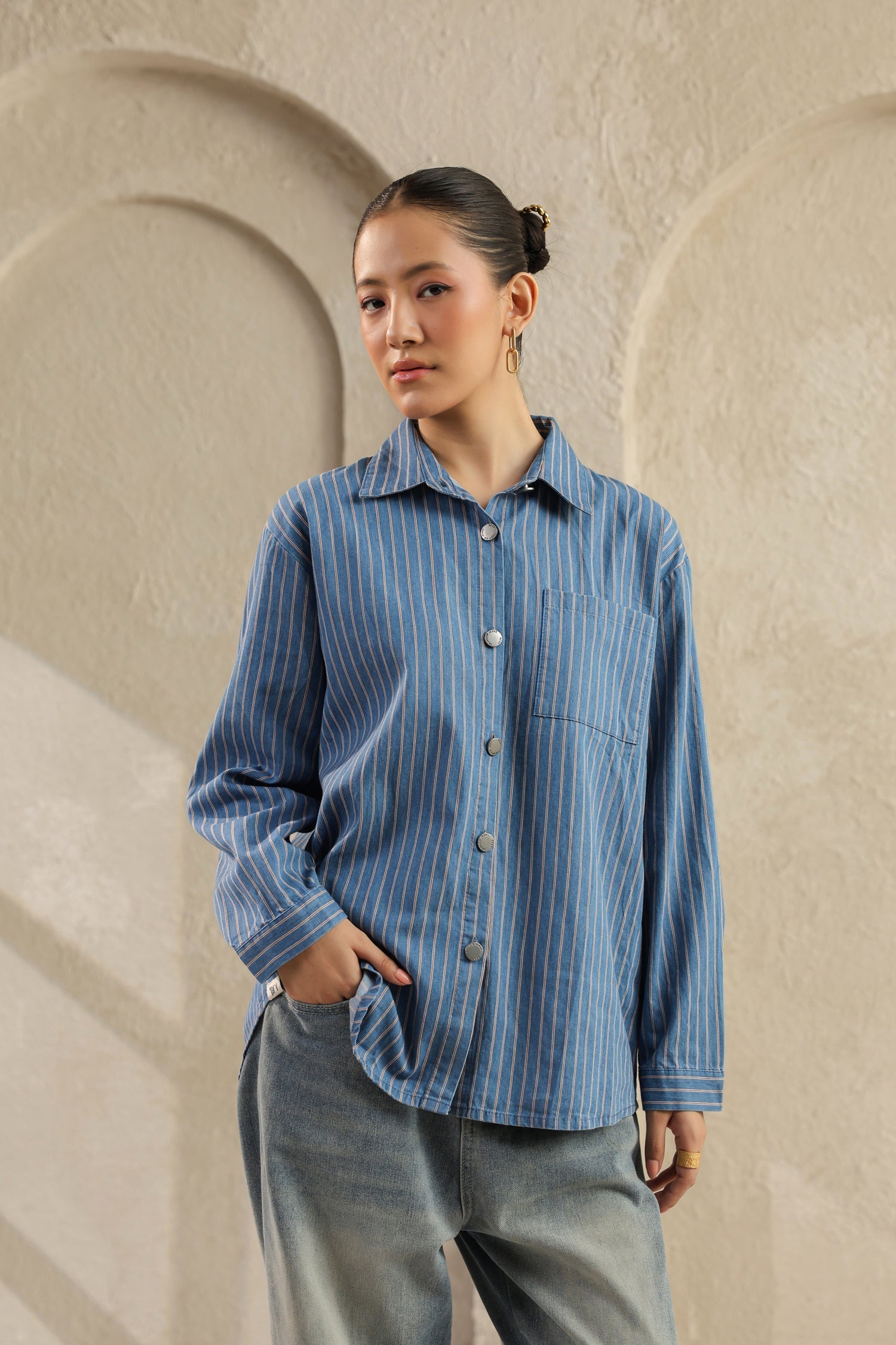 Light Blue Denim Shirt – Relaxed Fit, Striped Design