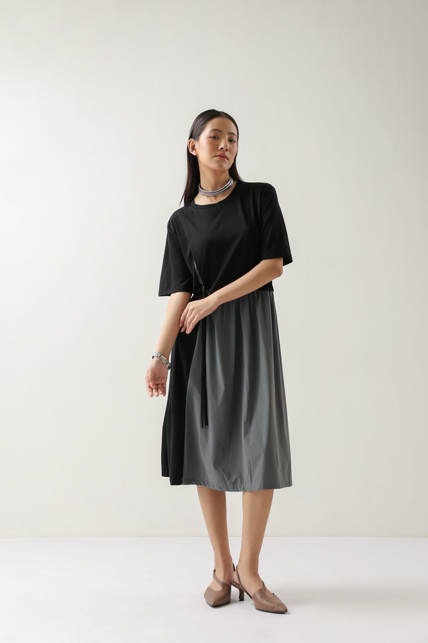 Essential Black and Grey Cotton Knit Midi Dress